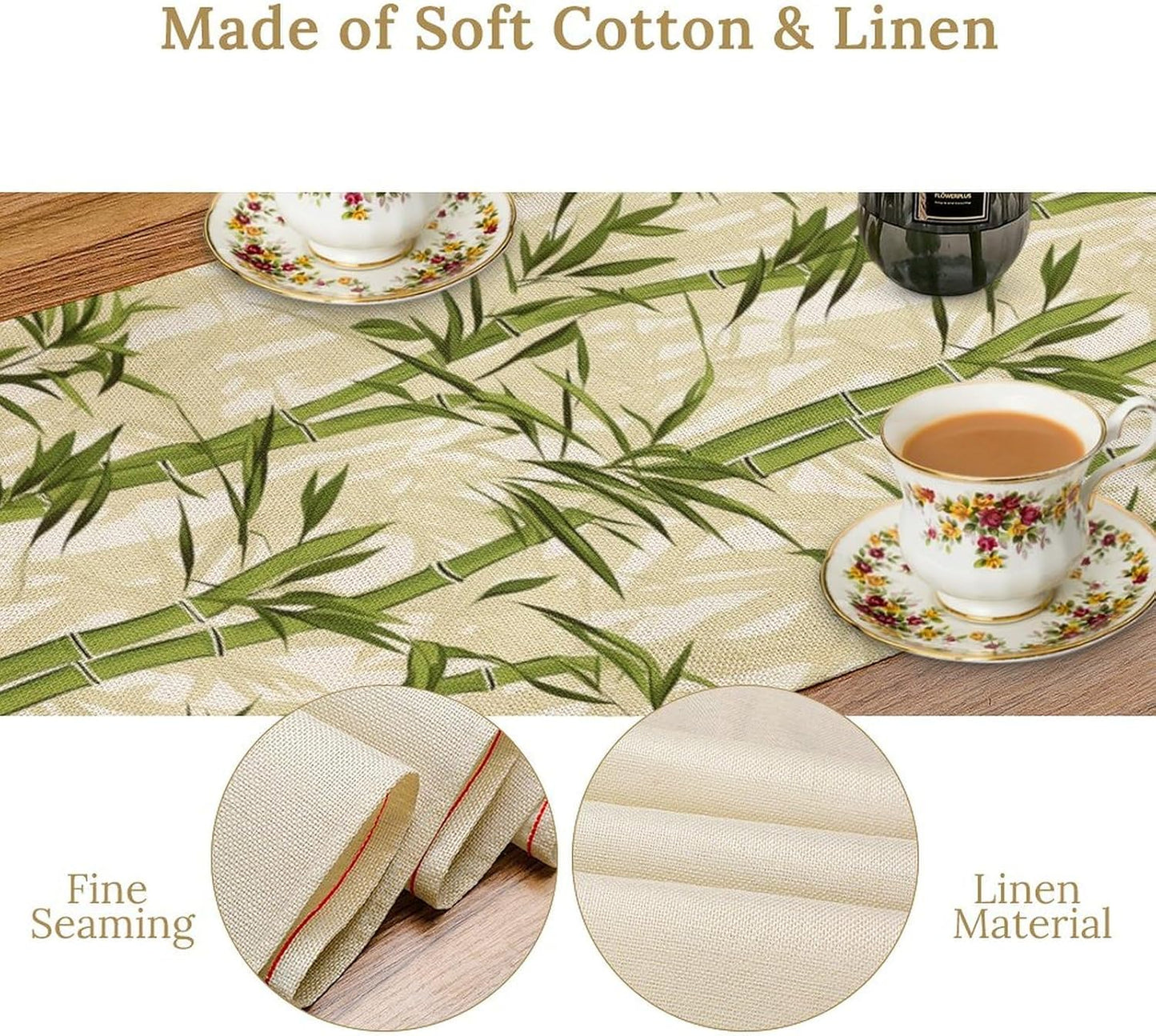 Bamboo Table Runner,Green Plant Leaf Pattern Table Cloth Kitchen Dining Table Home Party Decoration 13x120 Inch