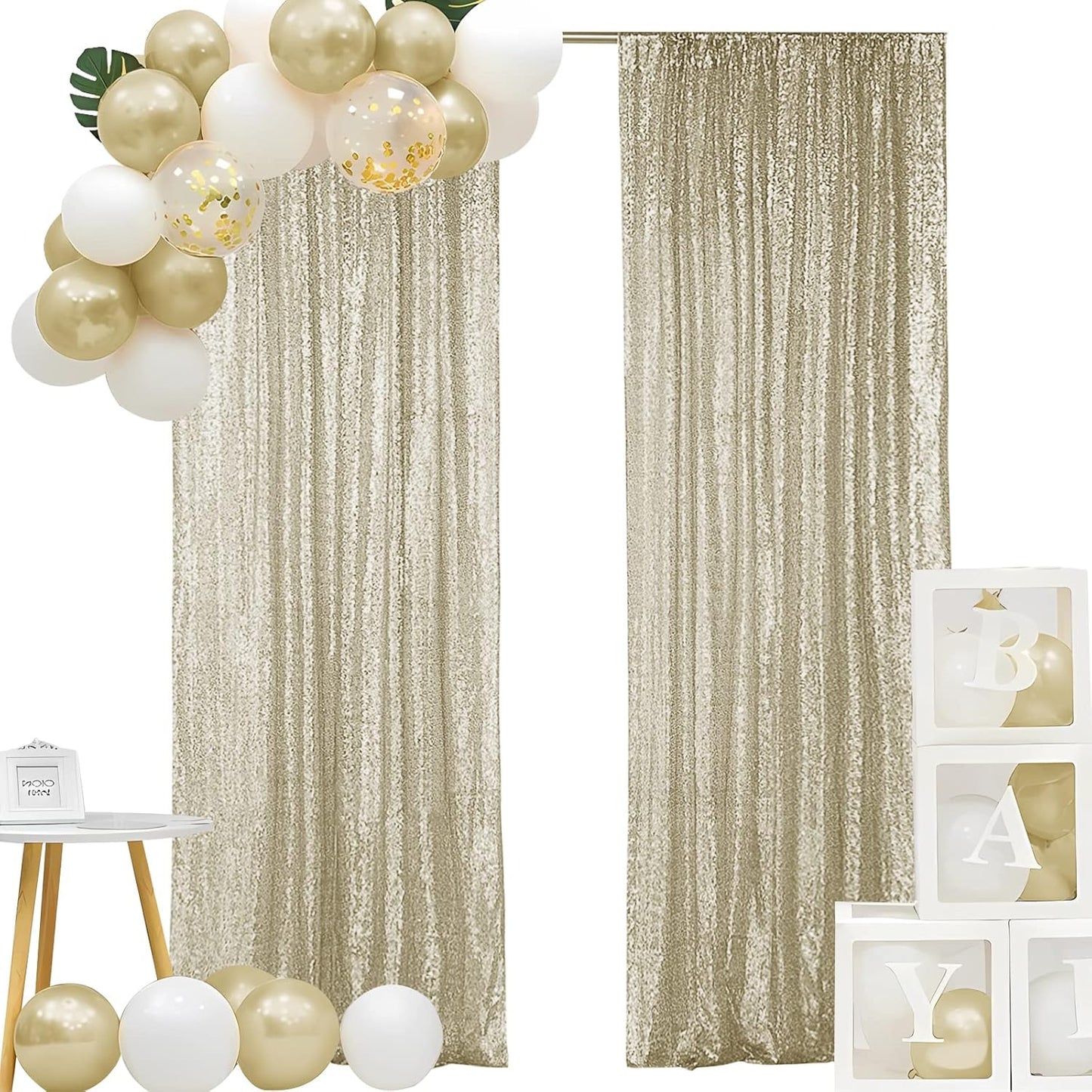 Hahuho Champagne Sequin Backdrop Curtain, 2PCS 2FTx8FT Glitter Backdrop Curtain for Parties, Christmas, Wedding, Party Decoration（2 Panels, 2FT x 8FT, Champagne