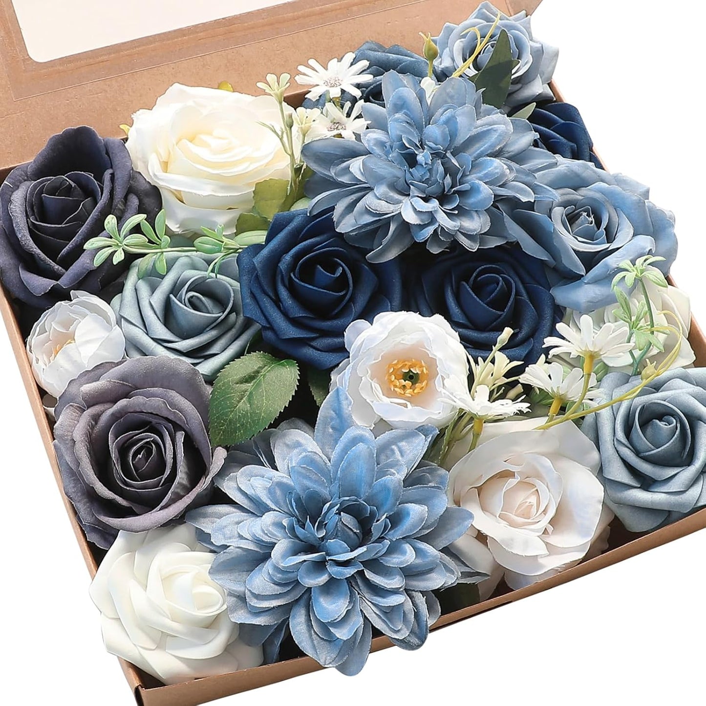 Floroom Dusty Blue Navy Artificial Flowers Fake Roses Peonies Dahlias and Greenery Combo Box Set for DIY Wedding Bouquets Bridal Shower Centerpieces Floral Arrangements Party Tables Home Decorations