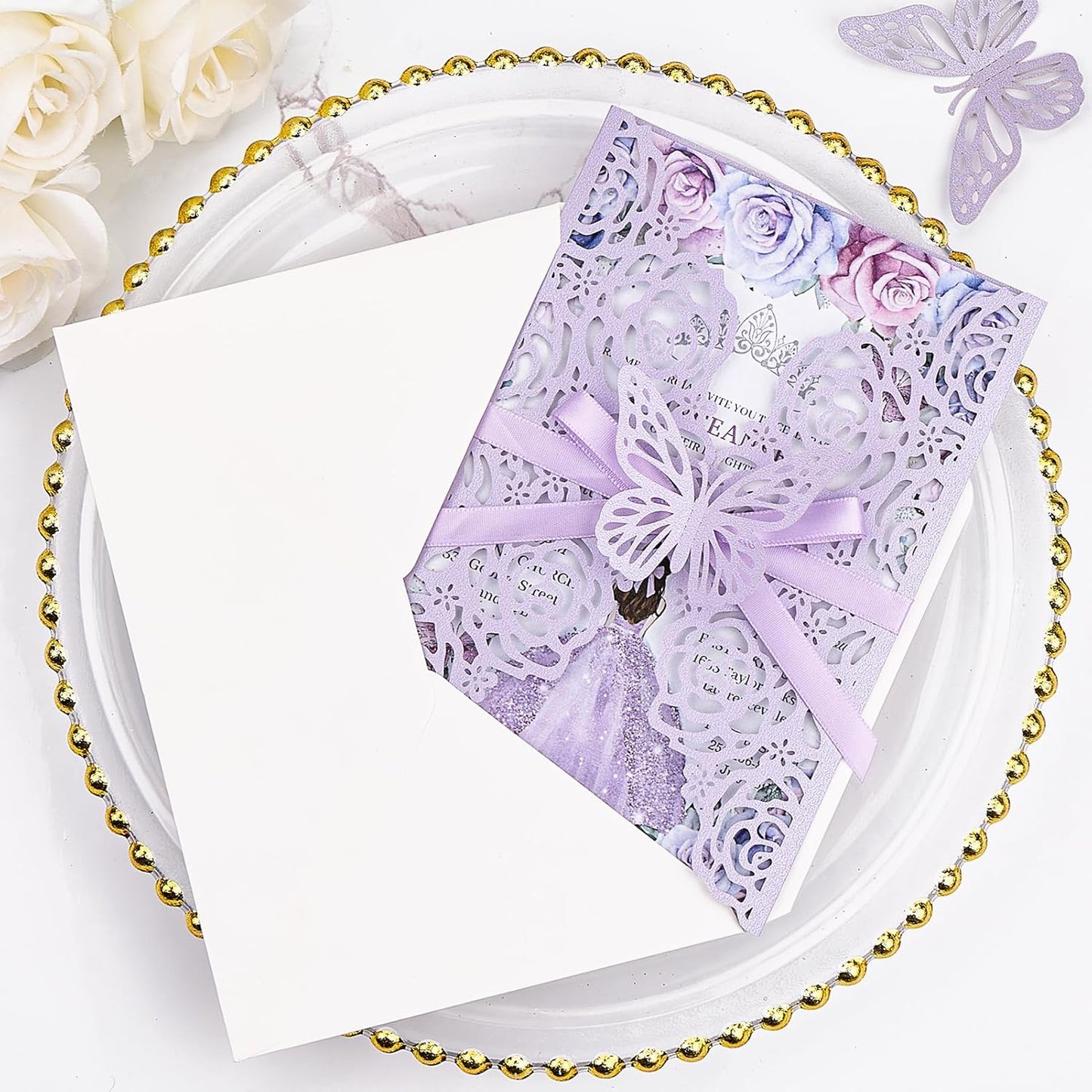 Purple Butterfly Laser Cut Wedding Invitations 50 Set, Hollow Out Rose Shaped Wedding Invites for Bridal Shower Quince Invitaciones Para Boda (Blank Inner Sheet, No Pattern)