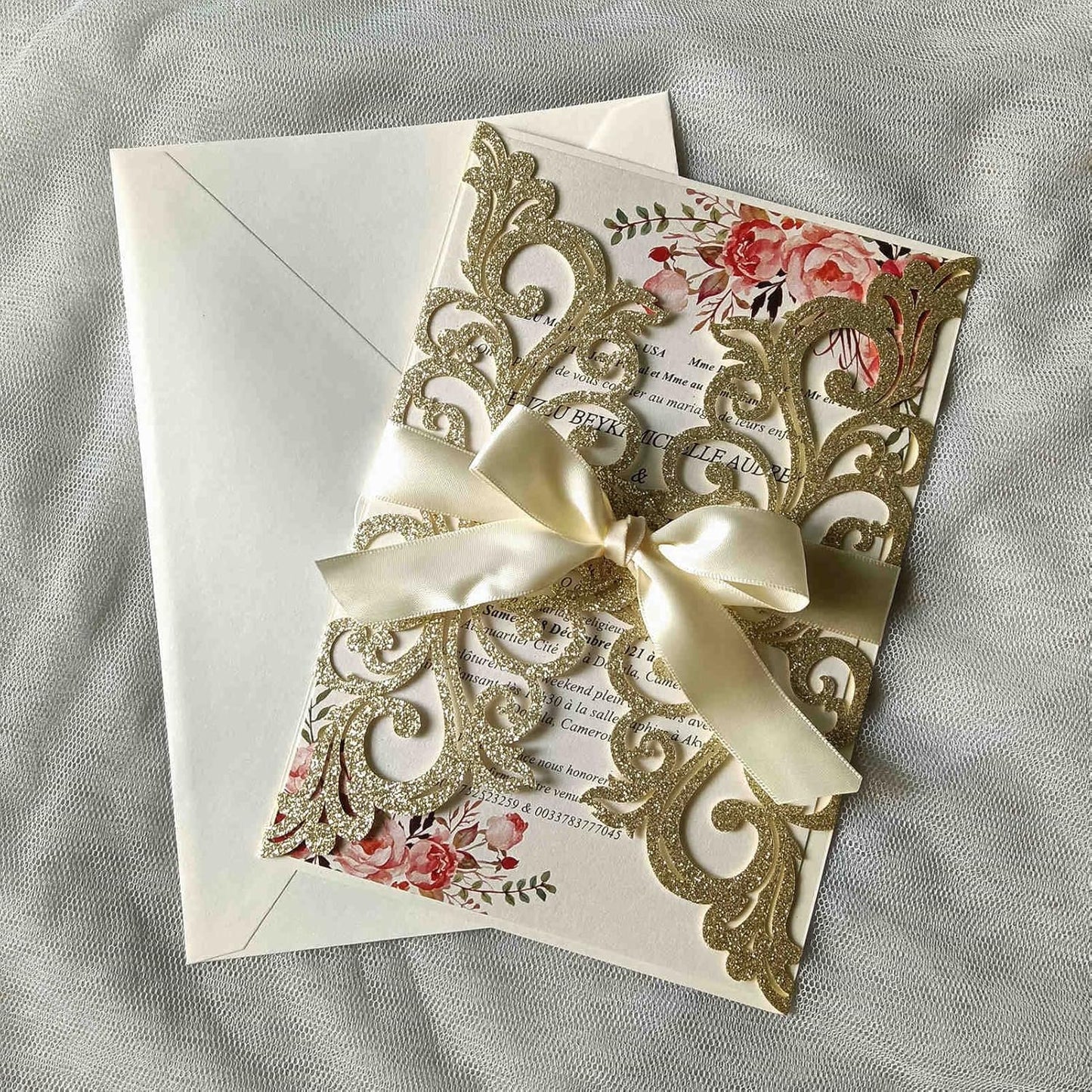 25PCS Champagne Gold Glitter Laser Cut Wedding Invitations Cards with Envelopes,Blank Inner Sheets,Ribbons for Wedding Bridal Shower Quinceañera Engagement Birthday Invites, champagne glitter