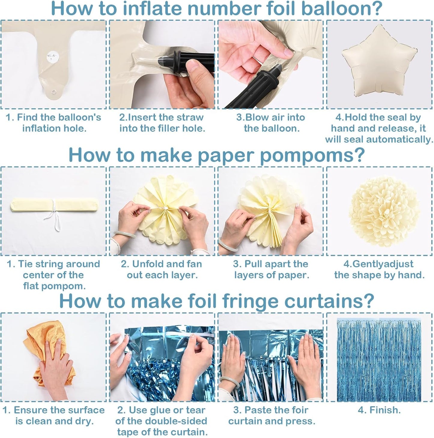 Dusty Blue 16th Birthday Party Decorations Boys Girls Beige Cream Number 16 Balloon with Blue Gold Happy Birthday Banner Fringe Curtain Paper Pom Poms Nude White Sand Champagne Star Foil Balloons