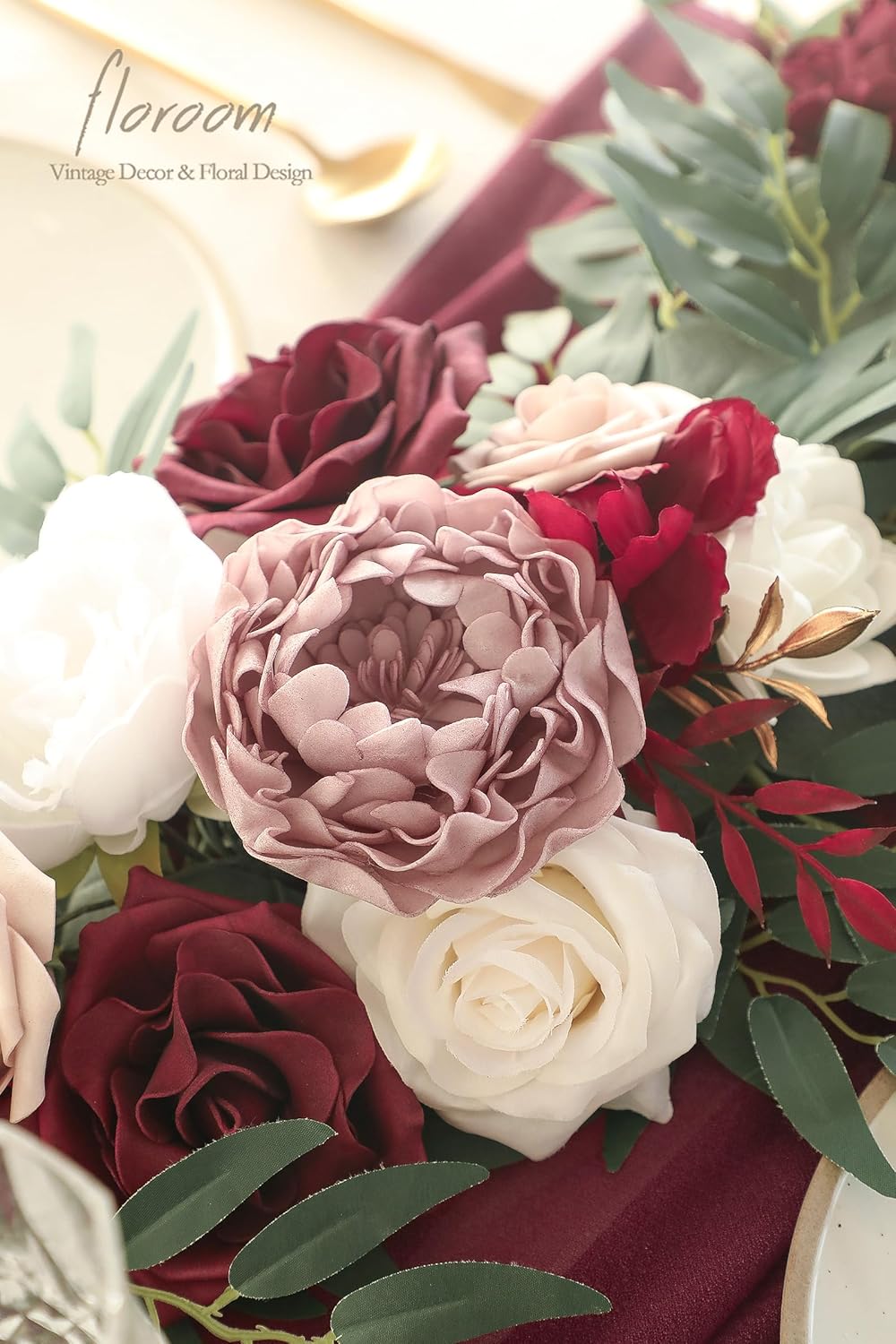 Floroom 6ft Artificial Eucalyptus Garland with Flowers Fake Greenery Faux Floral Vine Garland for Table Decor Wedding Centerpieces Bridal Shower Party Decorations, Burgundy & White