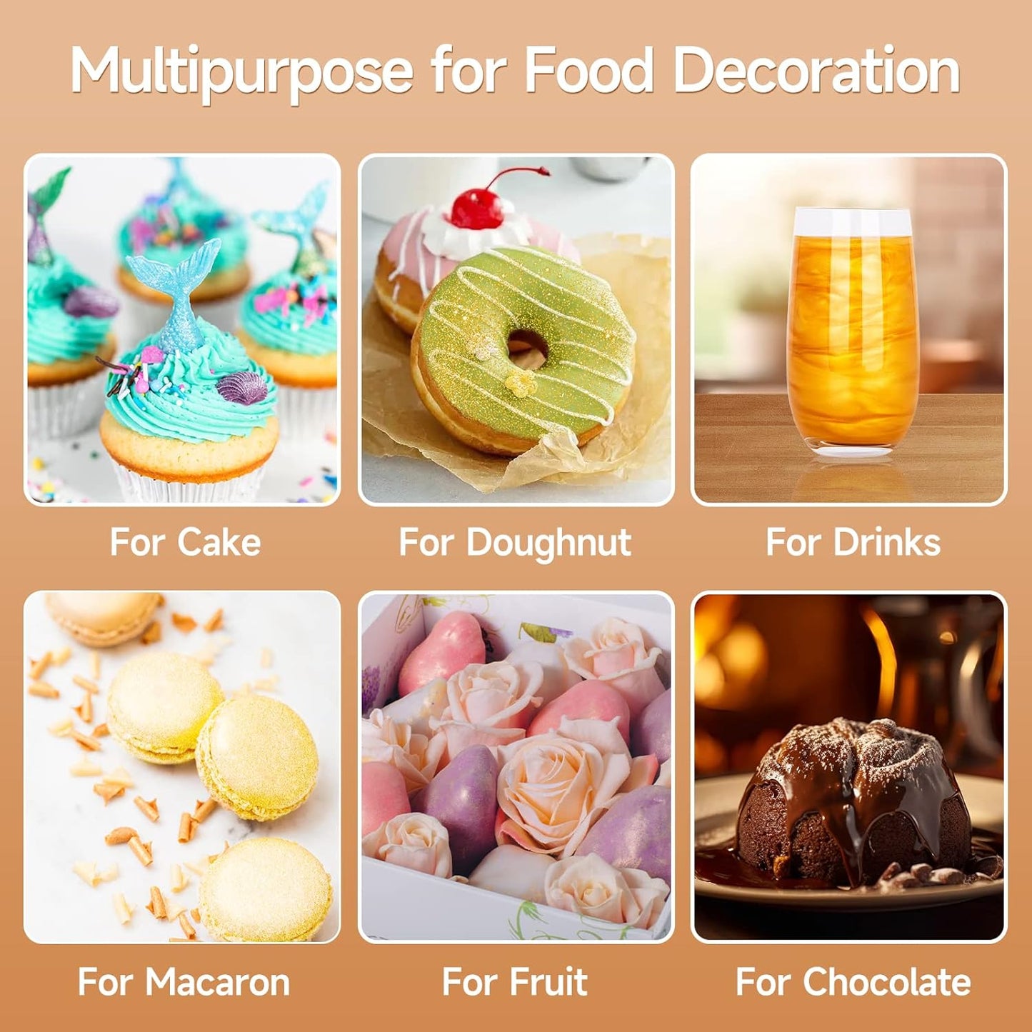 Edible Glitter Spray, Edible Luster Dust, 6 Colors, Edible Glitter for Cocktails, Powder for Cake Decorating, Baking, Drinks, Fondant, Candy, Cookie, Strawberry, 5g/bottle