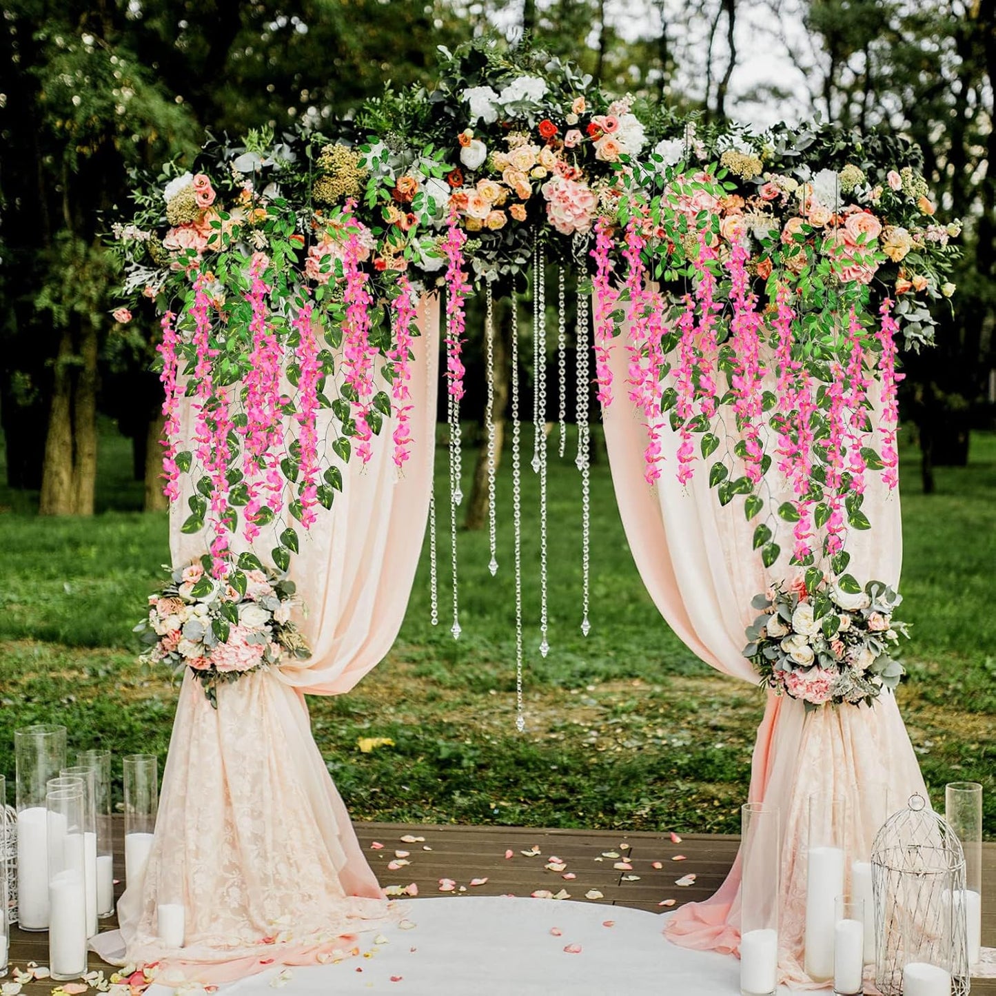 24 Pack Fuchsia Wisteria Hanging Flowers Garland, 3.77 Feet Artificial Flower Vines, Fake Wisteria, Artificial Vines Hanging Garland for Backdrop Outdoor Yard Garden Decor