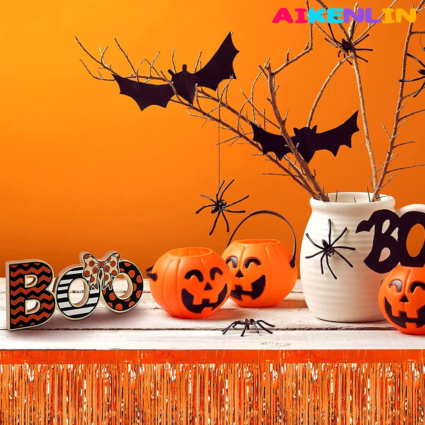 6 Pack 29x108 Inch Orange Metallic Foil Fringe Tinsel Table Skirts Banner for Rectangle Tables Streamer Garland Curtains Backdrop for Wedding, Birthday, Parade Floats, Christmas Party Decoration