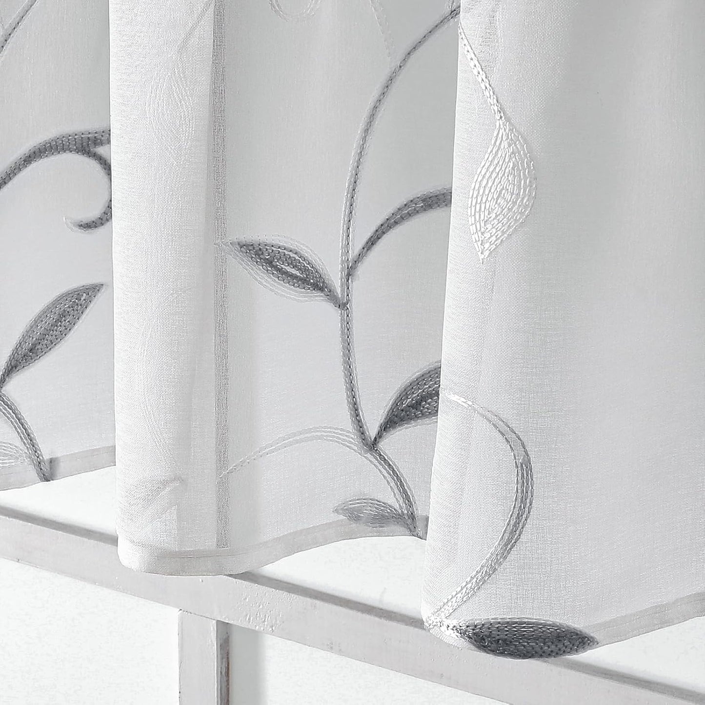 VISIONTEX White Sheer Voile Curtains, Decorative Leaves Embroidery Faux Linen Rod Pocket Window Drapes for Home Kitchen, Living Room and Bedroom 26 x 36 Inch, Set of 2 Curtain Panels