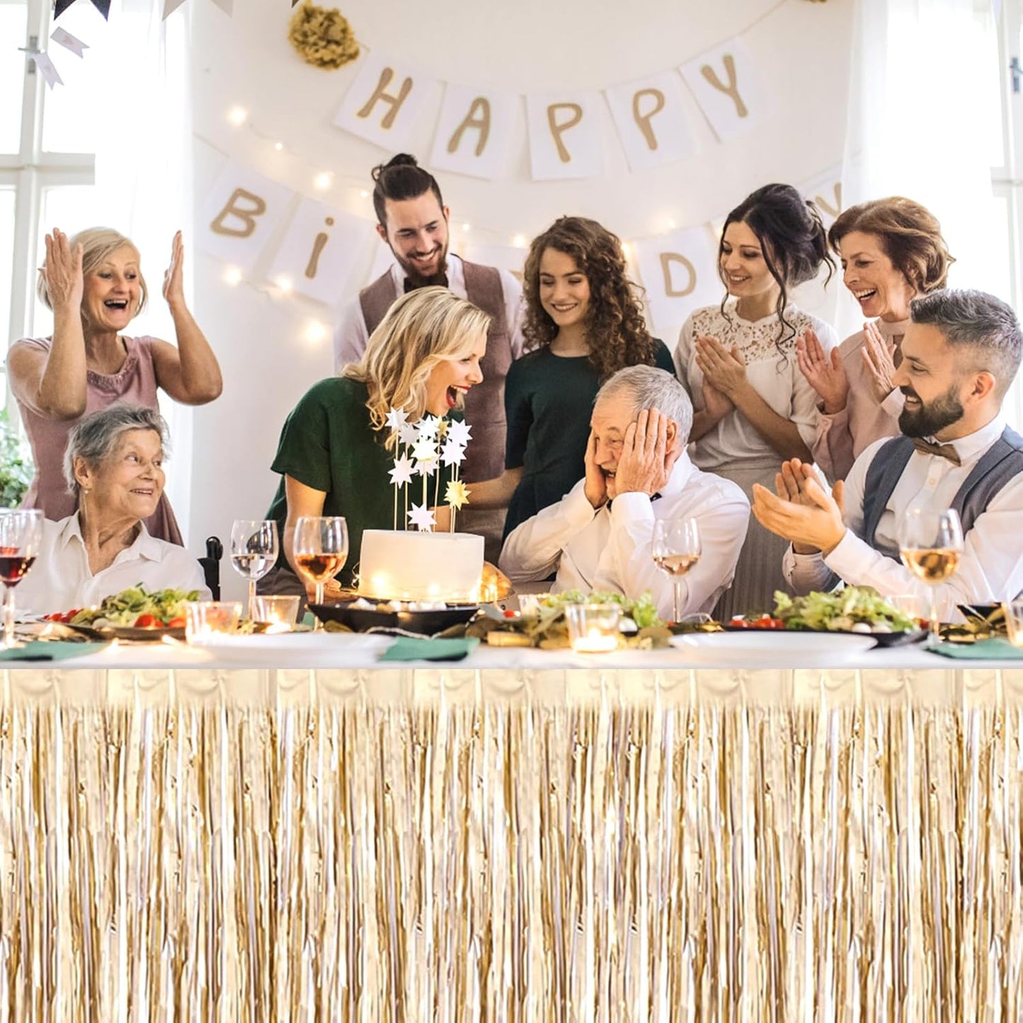 3 Pack 29 x108 Inch Champagne Gold Foil Fringe Table Skirts Metallic Banner for Tinsel Streamer Garland Backdrop for Parade Floats Wedding Thanksgiving Birthday Christmas New Year Party Decoration