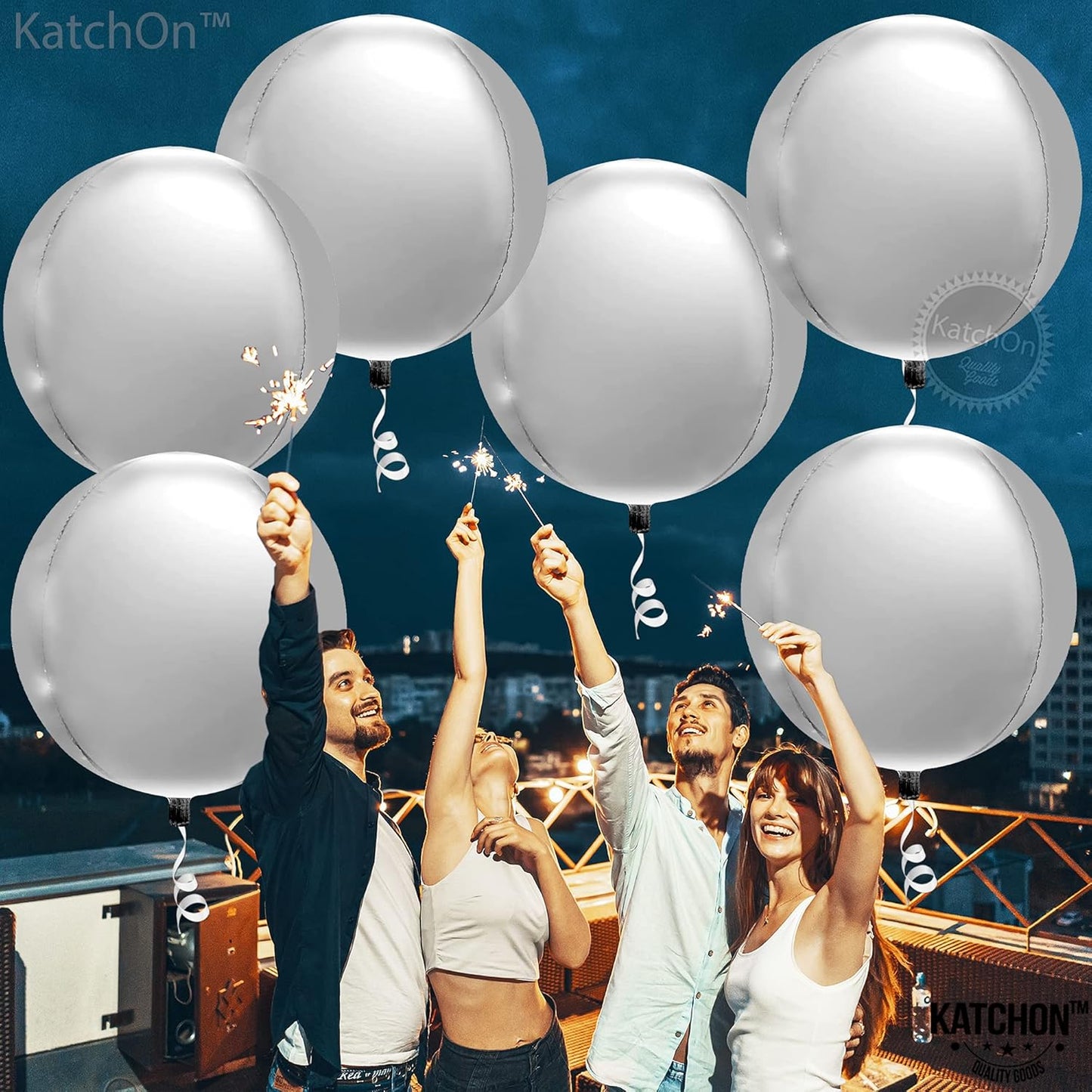 KatchOn Large Silver Balloons - 22 Inch, Pack of 6 | 4D Round Mylar Balloons for Birthday Decorations