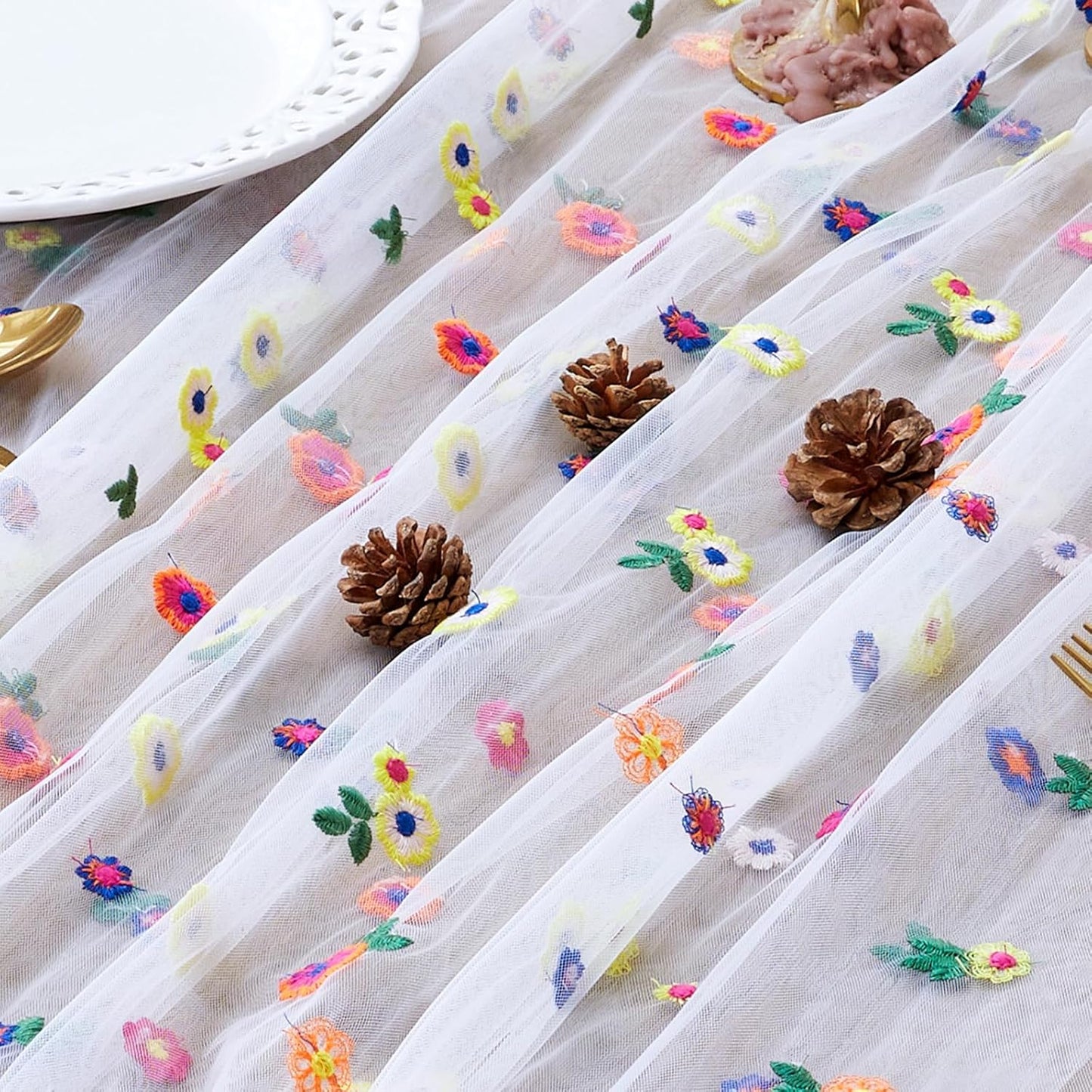 JIALE 3 Pack Ivory Floral Table Runner, Embroidery Daisy Seasonal Table Decorations, 120Inch 10FT Tulle Fabric for Home Decor, Bridal Shower Wedding, Baby Shower Parties, DIY Craft