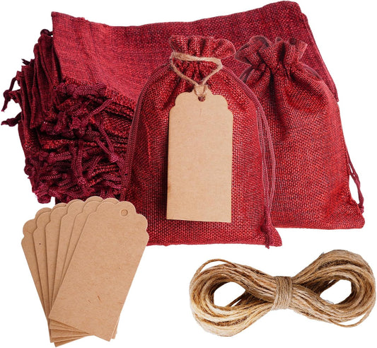 Yymobt 25PCS Burlap Bags with Drawstring, Reusable Burlap Favor Bag 5x7’’ Small Party Sacks for DIY Craft, Party, Christmas, Wedding, Festival Presents Bulk Bags（Red）