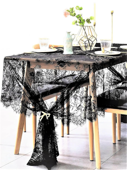 BOXAN Black Lace Tablecloth Overlay Rose Vintage Embroidered, Romantic Boho Wedding Reception Table Decor, Baby & Bridal Shower Décor, Elegant Chic Outdoor Tea Party Tablecover -120" x 60" Rectangular