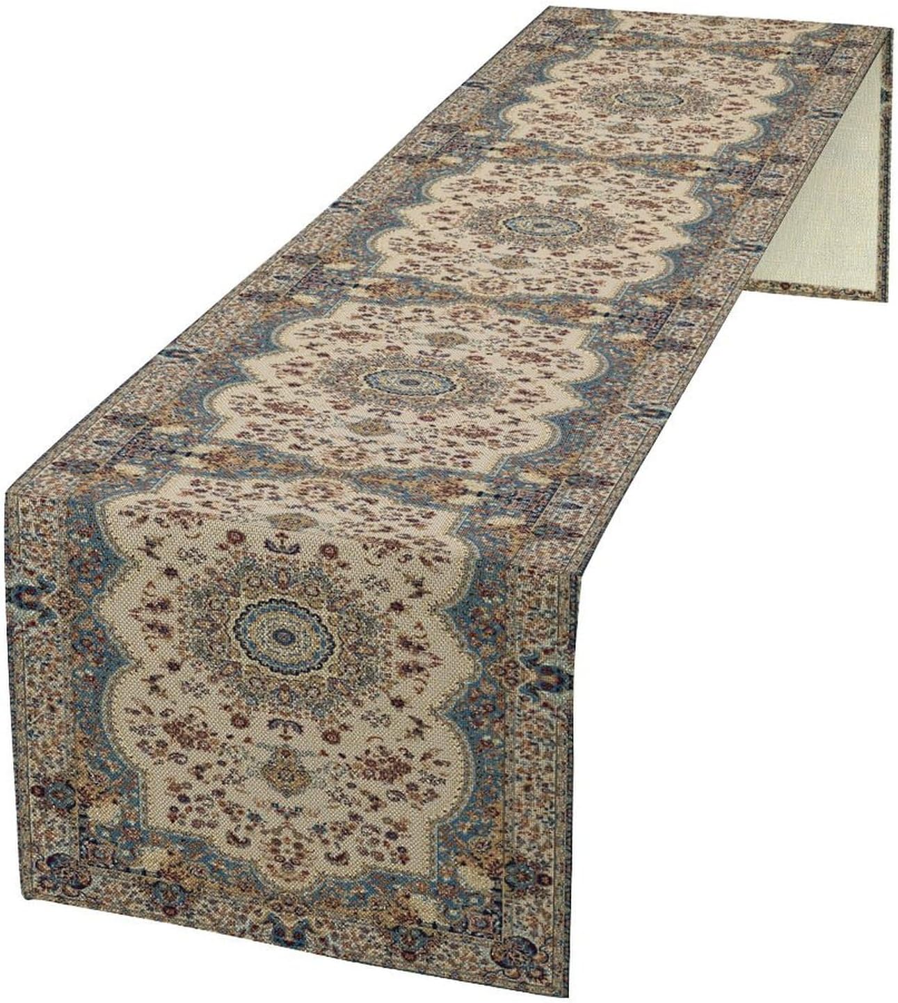 Boho Bohemia Style Table Runner, Vintage Blue Teal Gold Retro Flower Rustic Country Style Floral Print Pattern for Home Kitchen Table Decor Dining Coffee Room Garden Party Decor 13x60in
