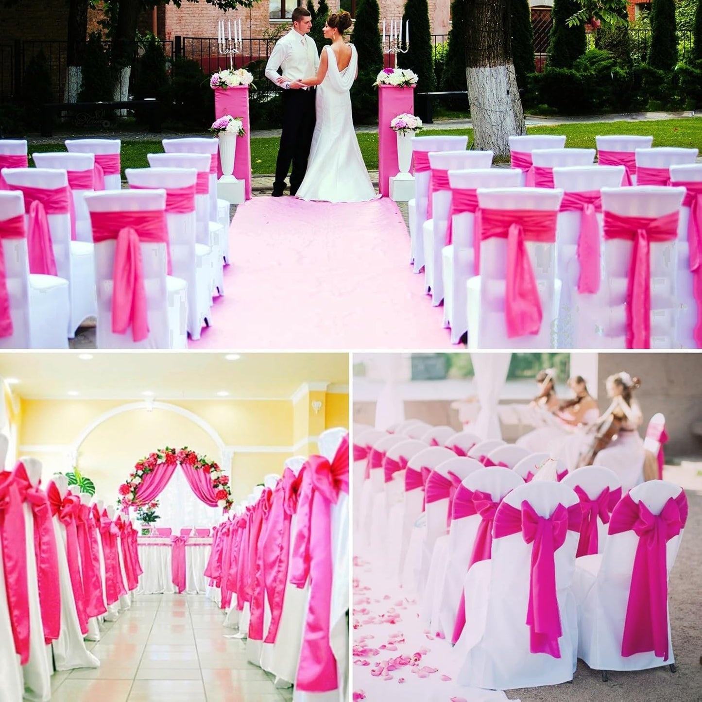 100 PCS Satin Chair Sashes Decorative Bow Chair Sashes Ties Back Ribbon Bows Chairs Cover Band for Wedding Party Ceremony Reception Event Banquet Hotel Birthday Home Kitchen Decor(7 x108inch,Hot Pink)