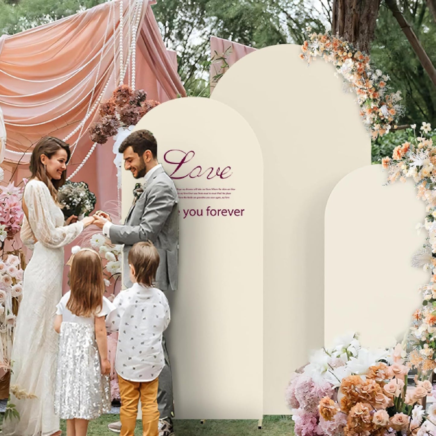 Set of 2 Arch Backdrop Cover Beige High Elastic Wrinkle-Resistant Arch Cover Spandex Fabric Thick Opaque Round Top Chiara Backdrop for Weddings Birthday Baby Shower Garden 6.6FT, 8FT