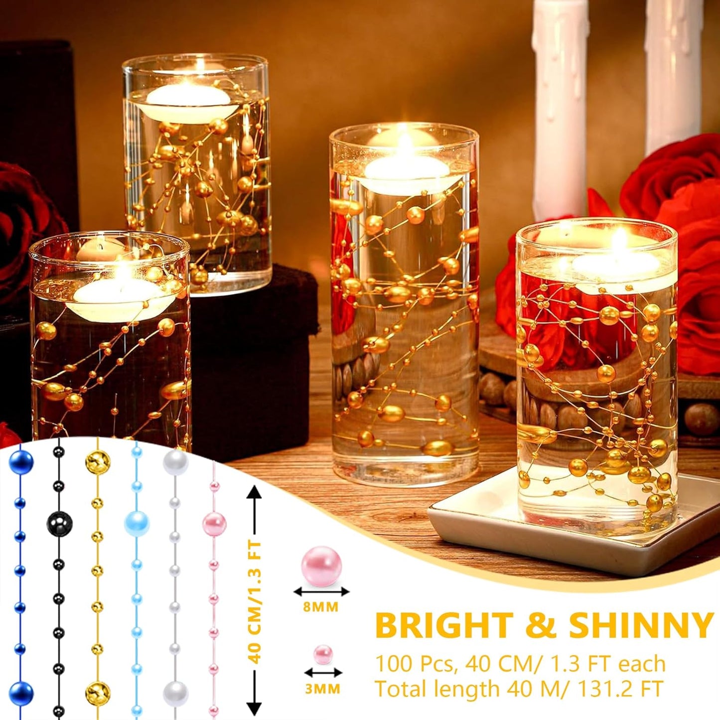 100 PCS Artificial Floating Beads for Centerpieces Vases, Gold 8+3mm String Beads for Wedding Party Faux Pearl String for Decorating, String Pearls for Crafts Vase Filler