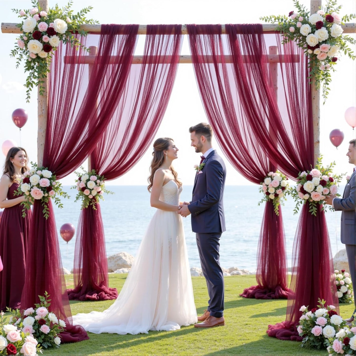 Wedding Arch Draping Fabric Backdrop 2 Panel 60" x 26Ft Burgundy Drapes Curtains for Wedding Reception Sheer Tulle Backdrop Curtain for Ceremony Birthday Party Baby Shower Arbor Ceiling Decorations
