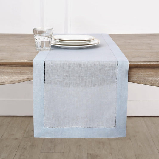 Solino Home Linen Light Blue Table Runner 90 Inches Long - 100% Pure Linen Hemstitch 14 x 90 Inch Table Runner for Dining - Classic Hemstitch