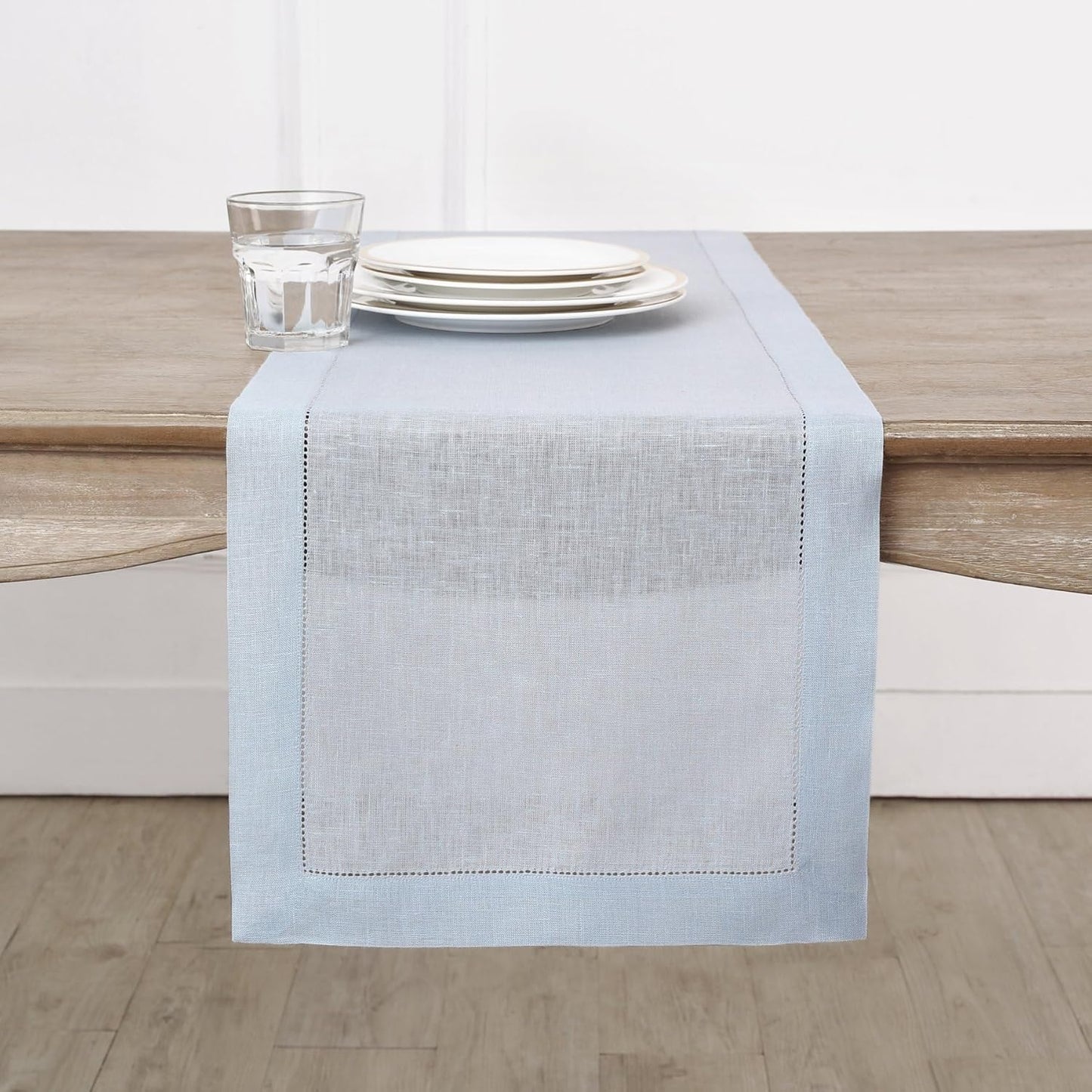 Solino Home Linen Light Blue Table Runner 108 Inches Long - 100% Pure Linen 14 x 108 Inch Table Runner - Classic Hemstitch