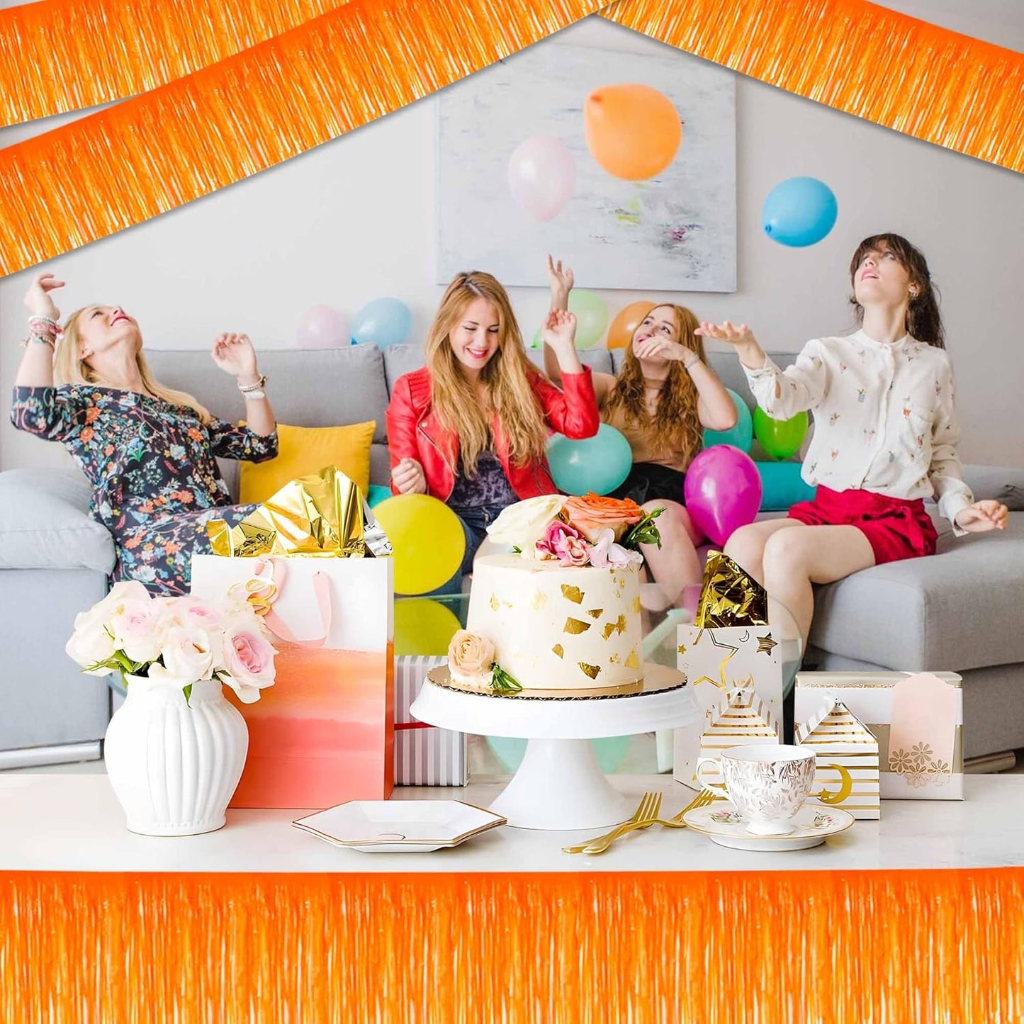 4 Pack 10 Ft Macaron Orange Foil Fringe Garland Metallic Streamers Tinsel Banner Wall Hanging Garland Backdrop for Parade Floats, Halloween, Christmas, Thanksgiving, New Year Party Decorations
