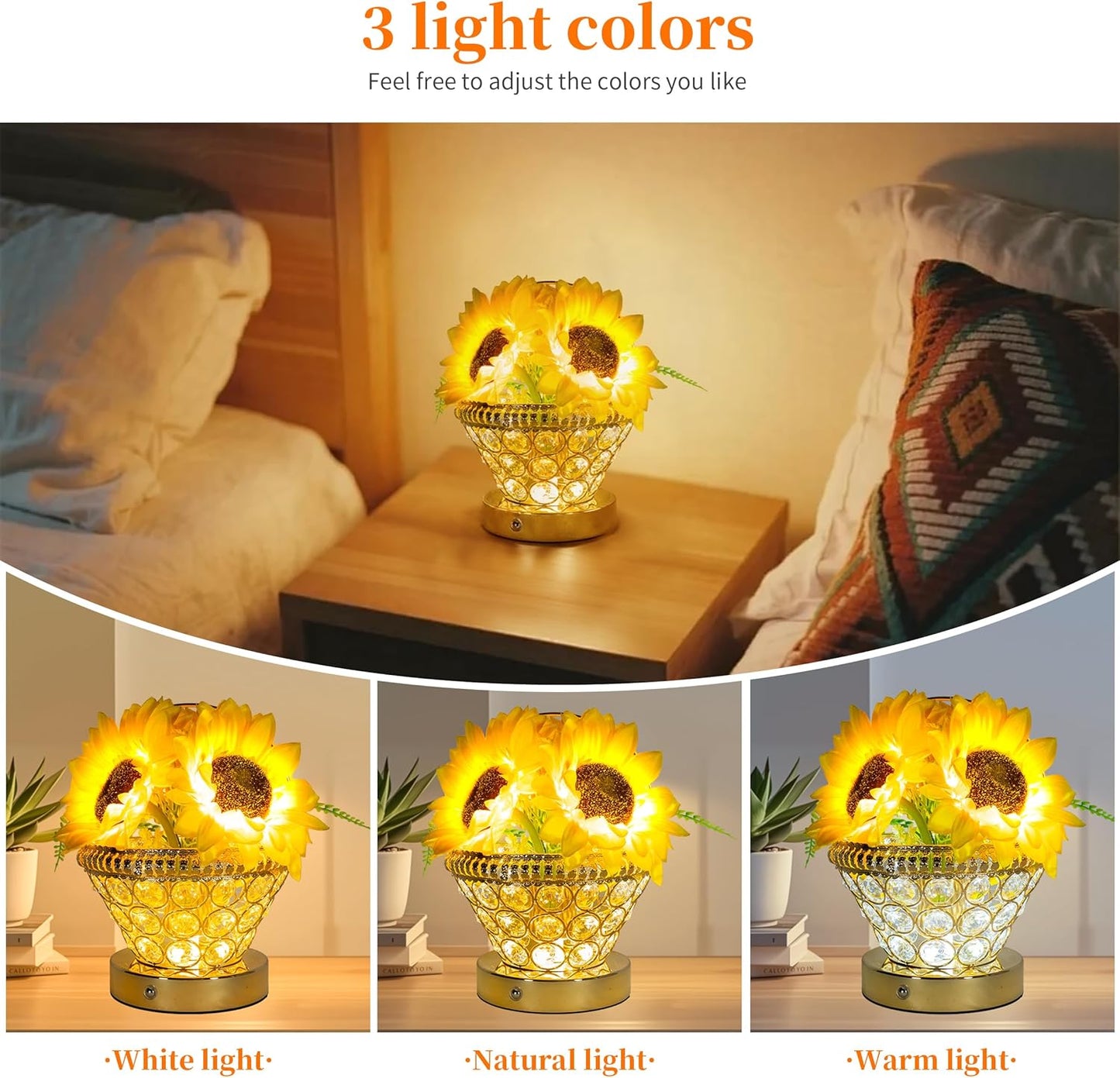Birthday Gifts for Women, Gift Basket for Mom Sunflower Cordless Table Lamp,3 Color Crystal Lamps Touch Bedside Lamps Infinitely Dimming with USB Charge Small Night Light for Bedroom