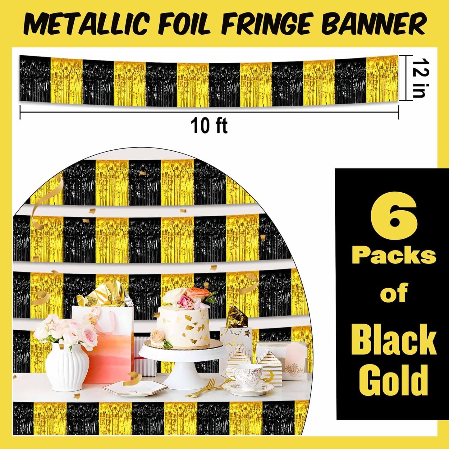 6 Pack 10 Ft Black and Gold Foil Fringe Garland Metallic Streamers Tinsel Banner Wall Hanging Garland Backdrop for Parade Floats, Halloween, Christmas, Thanksgiving, New Year Party Decorations
