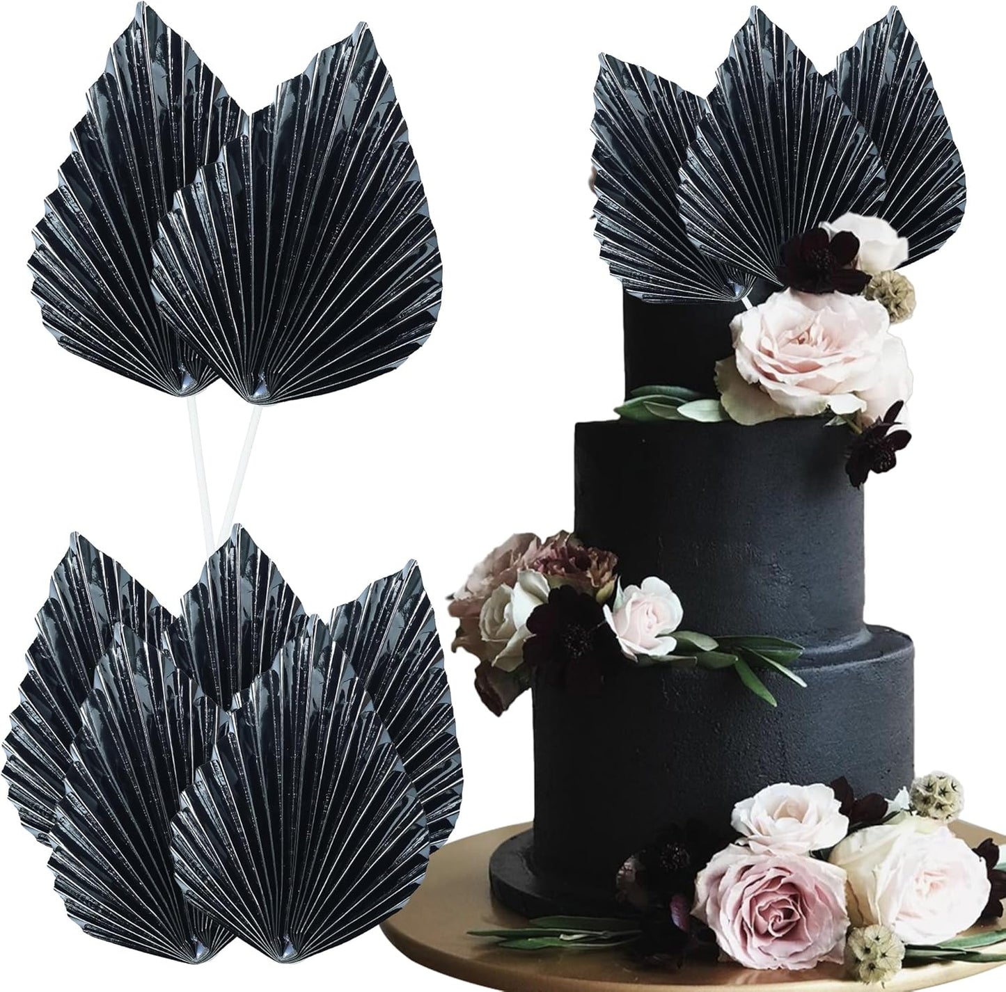 Ephlyn 6Pcs Paper Palm Leaves Fan Cake Toppers Palm Leaf Fan Cake Picks Craft DIY Fan Cupcake Toppers Palm Spear Leaves Cake Decorations for Baby Shower Wedding Birthday Party Supplies Bright Black