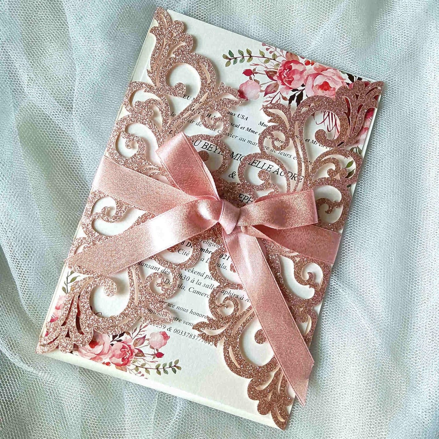 25PCS Rose Gold Laser Cut Wedding Invitations Cards with Envelopes,Blank Inner Sheets,Ribbons for Wedding Bridal Shower Quinceañera Engagement Birthday Invites, rose gold glitter