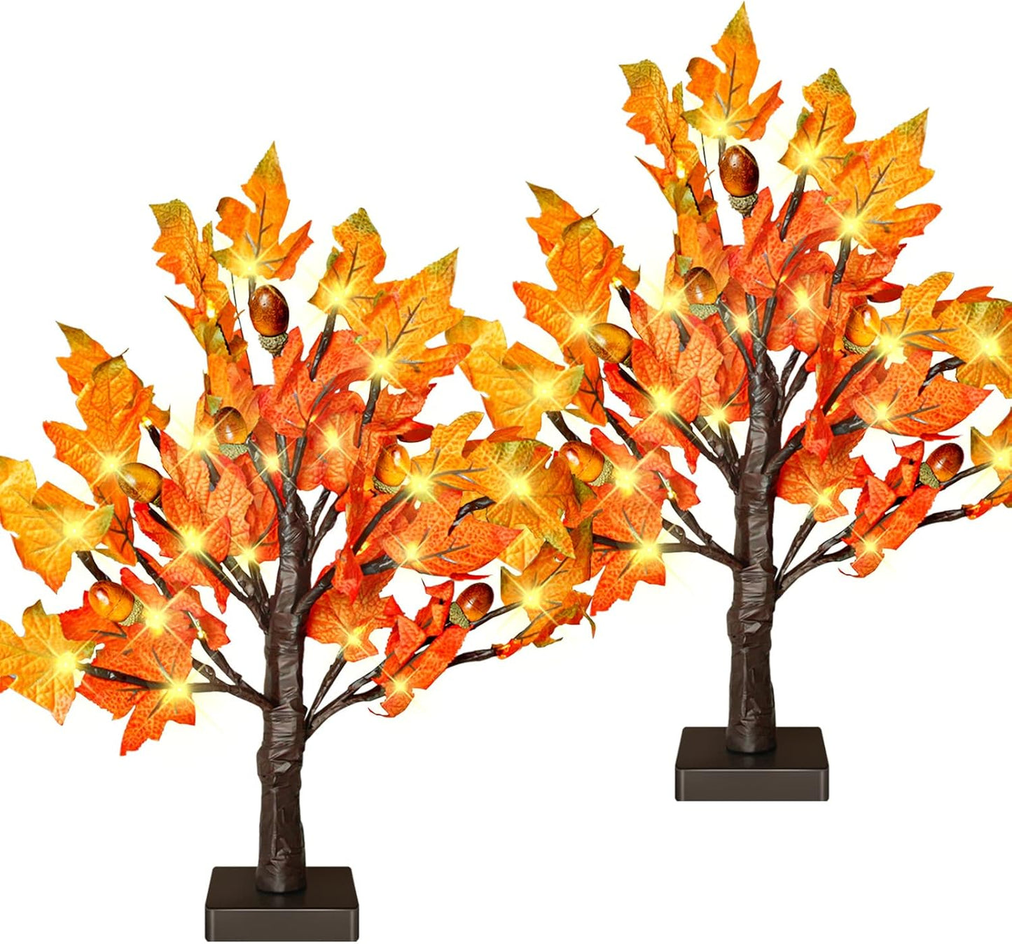 2 Pack 18 Inch Prelit Fall Maple Tree with 36 LED Lights, 6 Acorns, 1.5ft Tabletop Autumn Artificial Tree, Fall Centerpieces for Thanksgiving Decoration, Christmas Halloween Harvest Home Decor