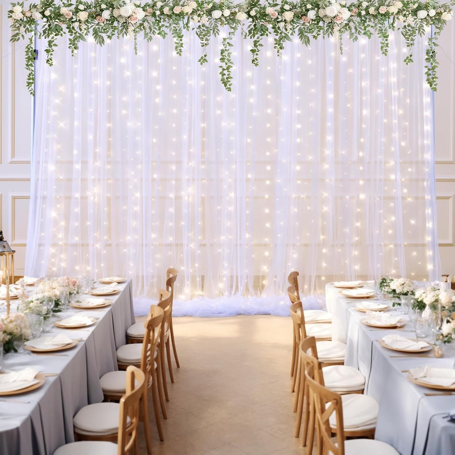 10x10ft White Tulle Backdrop Curtain with Lights String for Parties Wedding Twinkle Sheer Backdrop Curtains for Bridal Shower Birthday Party Baby Shower Photo Booth Decorations