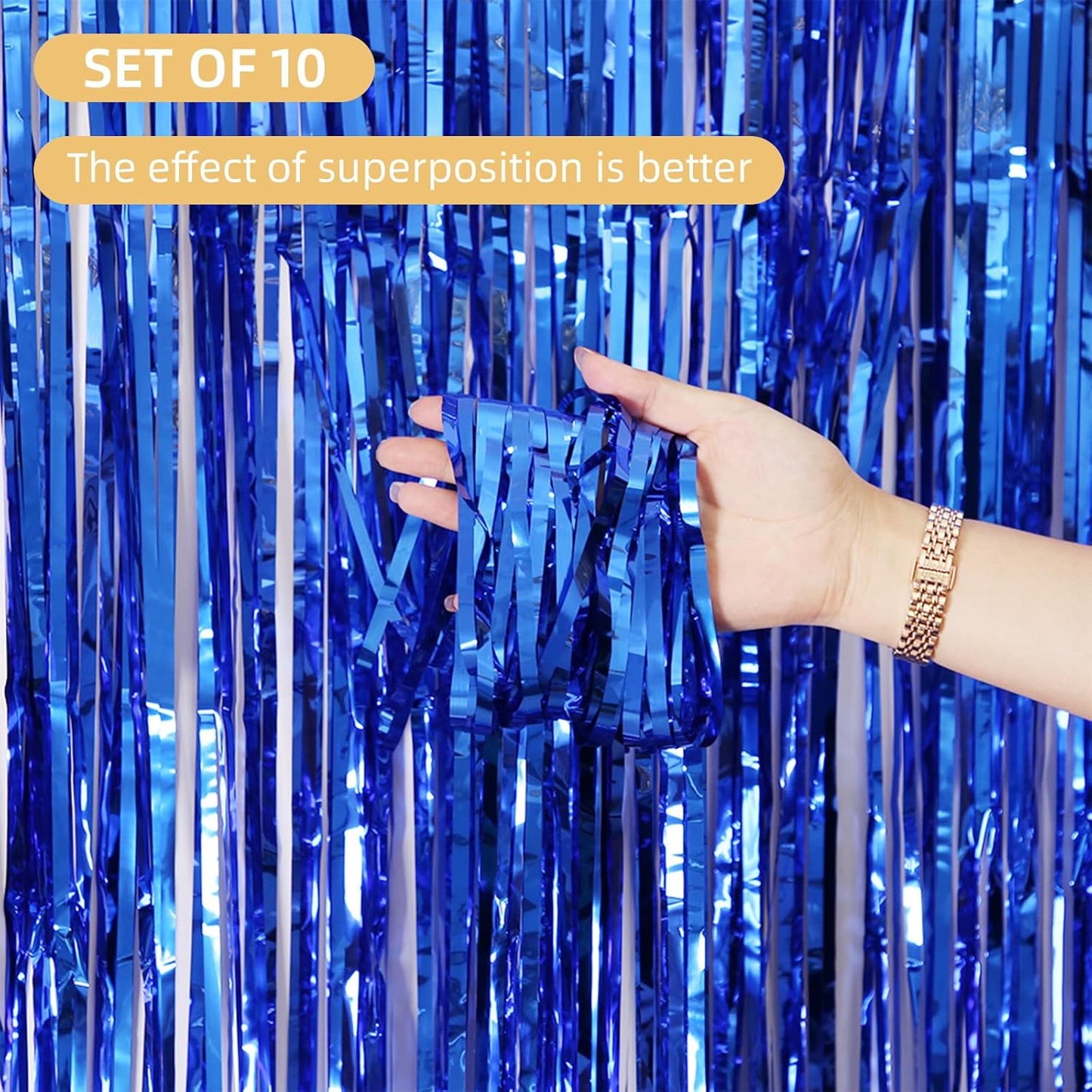 10 Pack Blue Backdrop Curtain 3.2ft x 8.2ft Metallic Tinsel Foil Fringe Curtains Photo Booth Background for Birthday Party Decoration Baby Shower Engagement Wedding Christmas Decoration (Blue)