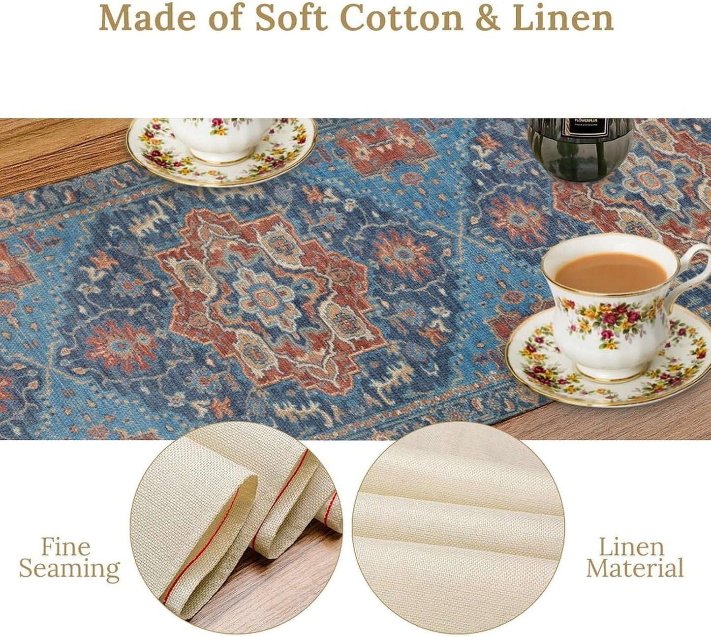 Boho Floral Vintage Table Runner, Retro Abstract Blue Flower Rustic Country Farmhouse Pattern for Home Kitchen Table Decor Dining Coffee Room Party Decor 13x36in