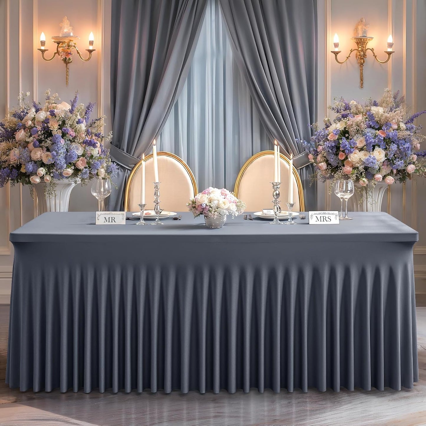 Wish Care 6 Pack Gray Spandex Table Clothes for 8 Foot Rectangle Tables, 8FT Wrinkle Free Fitted Tablecloths Ruffles Design Table Cover for Party, Banquet, Wedding and Events