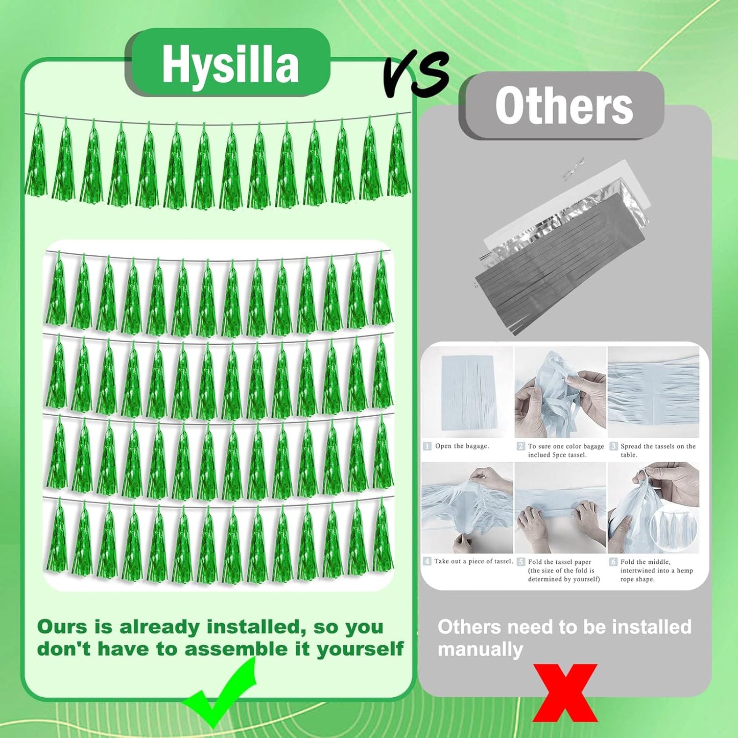 6P Green Foil Fringe Metallic Tassel Streamers Banner Tassel Garland for Parade Floats, Bachelorette, Wedding, Birthday, Graduation, Christmas, Bridal/Baby Shower Party Decorations