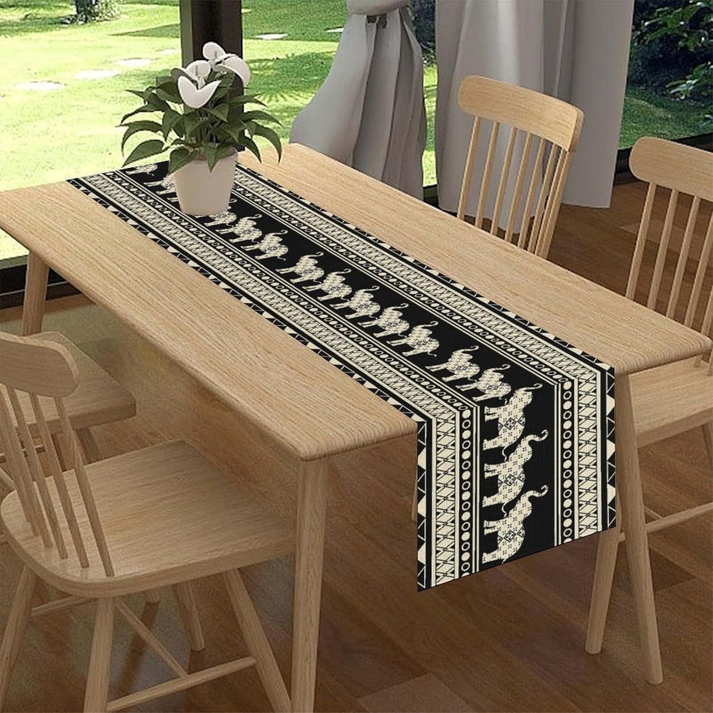 Ethnic Table Runner, Rustic Farmhouse Boho Geometric Elephant Aztec Tribal Print Black Table Center Decor for Home Kitchen Dining Patio Holiday Party Indoor Outdoor Table Decorations, 13"x36" Inch
