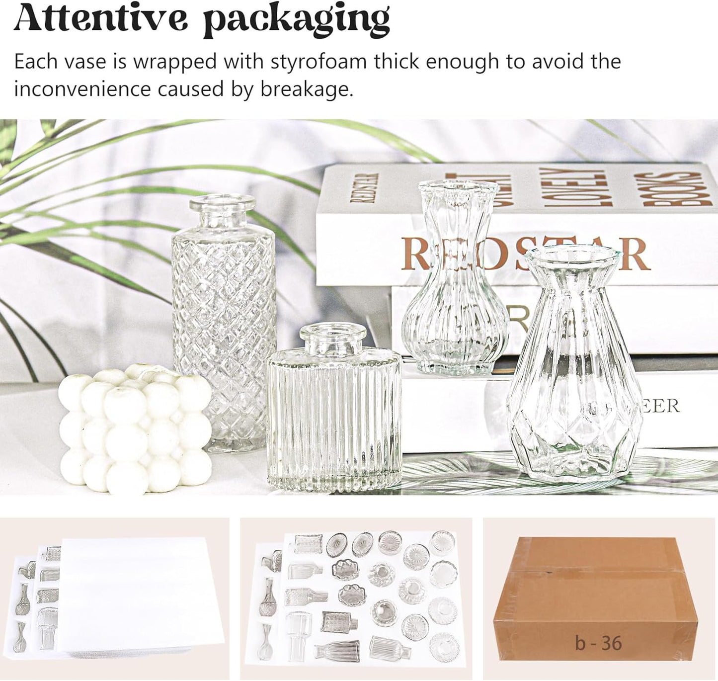 Set of 36 Glass Bud Vase Set, Small Vintage Clear Flower Vase Centerpieces for Table Bulk Cute Rustic Style Mini Vase for Home Decor Wedding Baby Shower Birthday Party