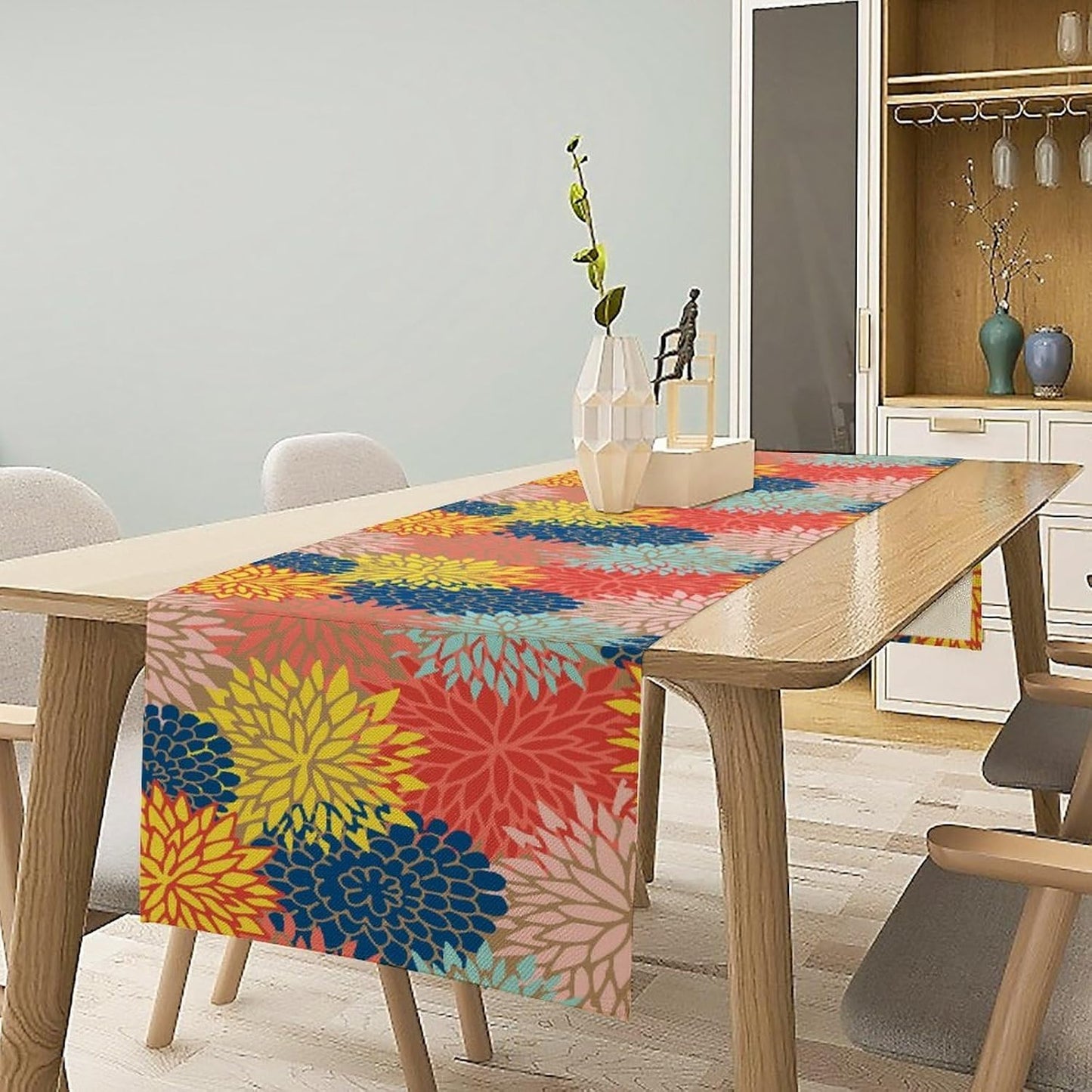 Dahlia Flowers Table Runner Colorful Floral Teal Grey Pink Yellow Blue Abstract Table Runner Kitchen Dining Party Decor Living Room, 13x108 Inch