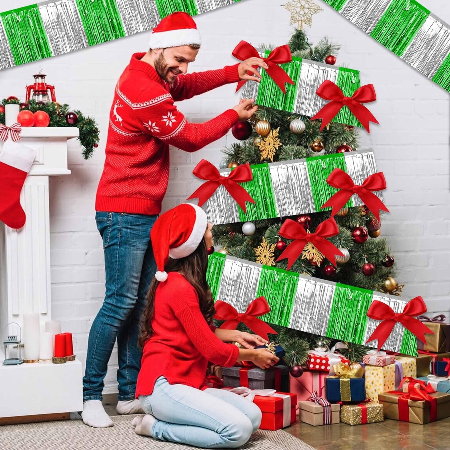 6 Pack 10 Ft Silver Green Foil Fringe Garland Metallic Streamers Tinsel Banner Wall Hanging Garland Backdrop for Parade Floats, Halloween, Christmas, Thanksgiving, New Year Party Decorations