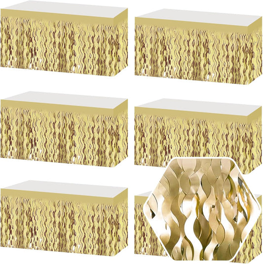 6 Pack 29 x108 Inch Light Gold Wave Foil Fringe Table Skirts Metallic Banner for Tinsel Streamer Garland Backdrop for Parade Floats, Mother's Day, Easter, Wedding, Birthday Party Decoration