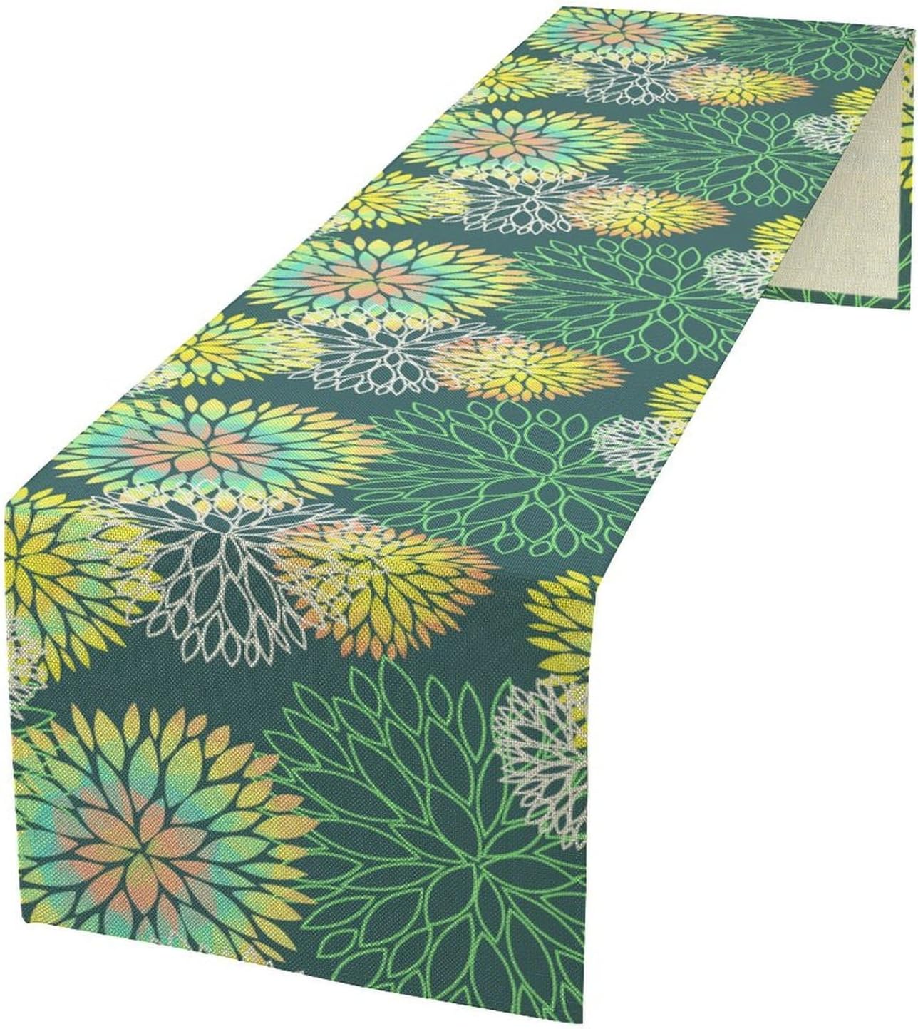 Green Dahlia Flower Table Runner, Linen Geometric Pattern Floral Table Decor Spring Farmhouse Decorations for Kitchen Dining Holiday Party Decor, 13x70 Inch