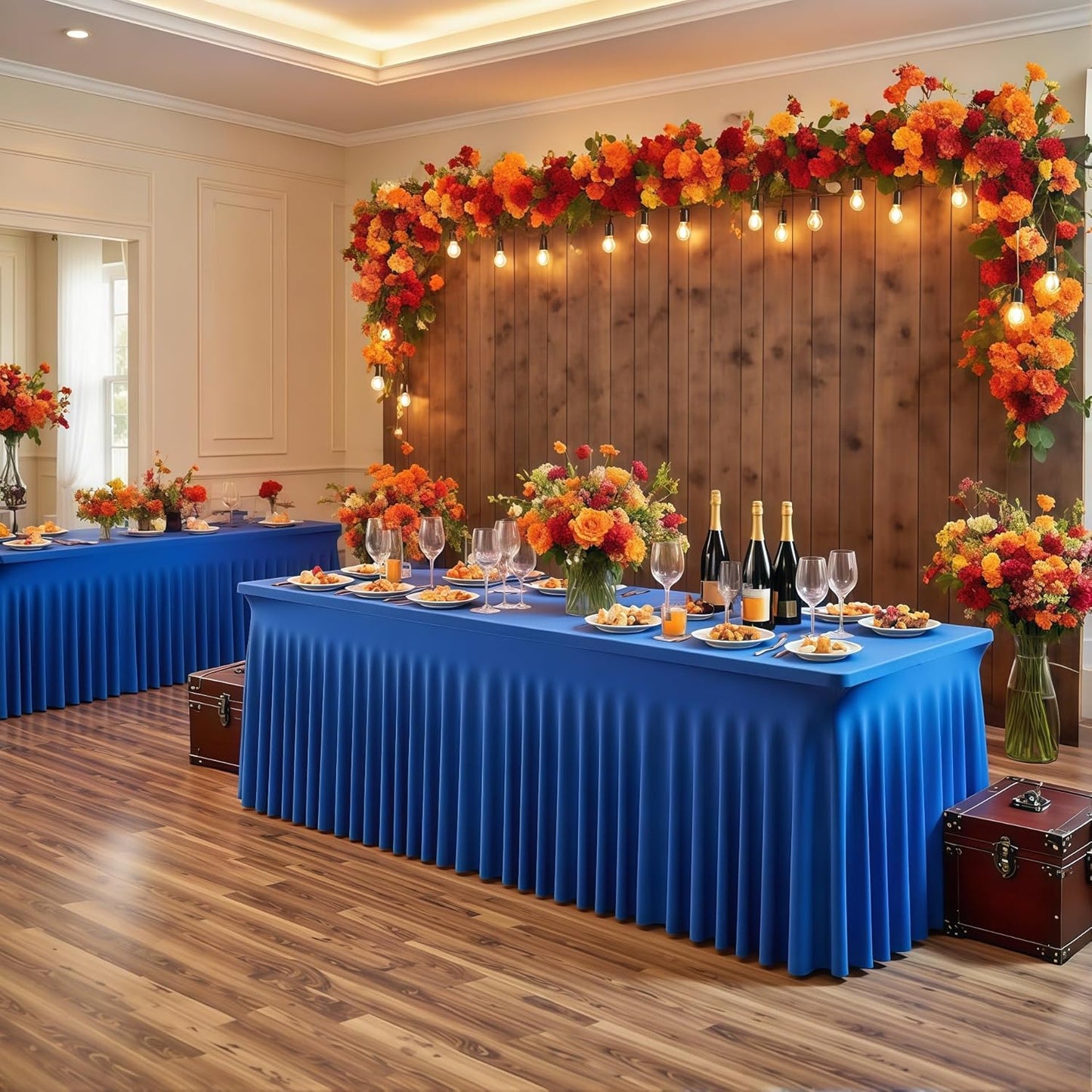 Wish Care 2 Pack Royal Blue Spandex Table Clothes for 6 Foot Rectangle Tables, 6FT Wrinkle Free Fitted Tablecloths Ruffles Design Table Cloth for Party, Banquet, Wedding and Events