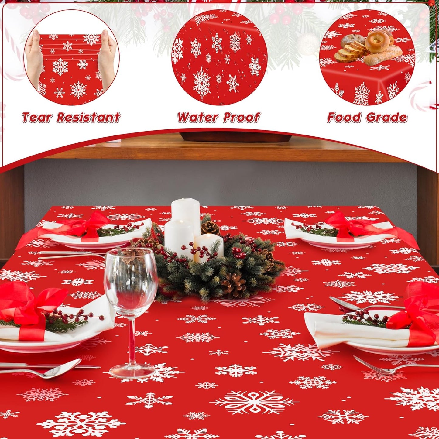 4 PACK Christmas Tablecloths, 54" x 108" Holiday Party Decor, Snowflakes Tablecloth Xmas Plastic Tablecloth Disposable Table Cloth Rectangle Tablecover, Christmas Decorations Holiday Party Supplies