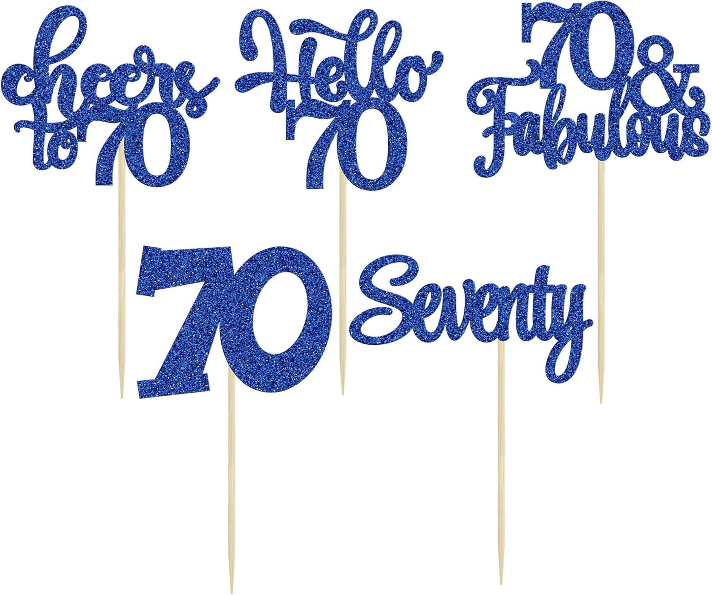 30Pcs Happy 70th Birthday Cupcake Toppers Seventy Cheers to 70 Years Old Birthday Cupcake Picks for 70th Birthday Anniversary Party Cake Decorations Supplies Deep Blue Glitter