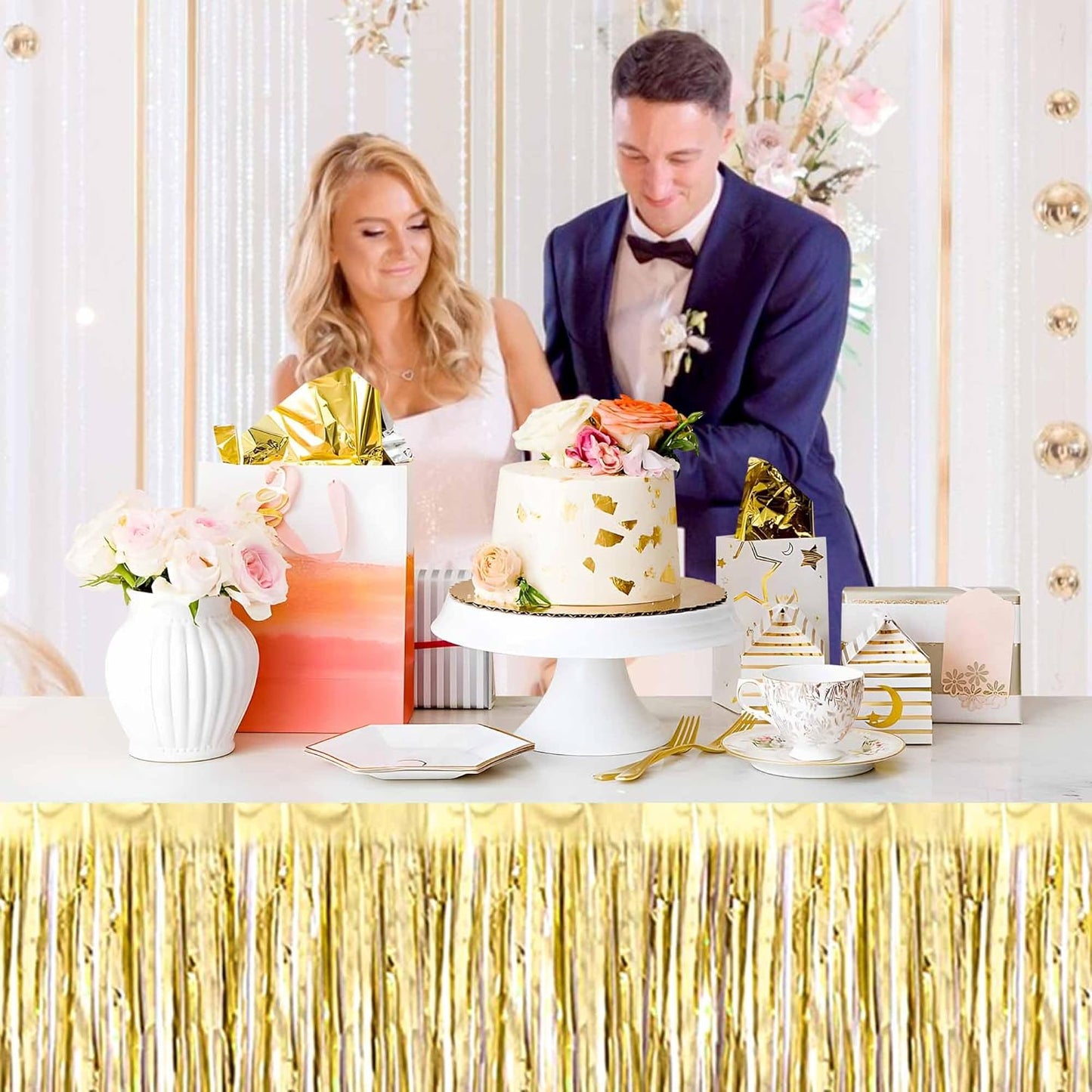 3 Pack 29 x108 Inch Light Gold Foil Fringe Table Skirts Metallic Banner for Tinsel Streamer Garland Backdrop for Parade Floats Mother's Day, Graduate, Birthday, Wedding Party Decoration