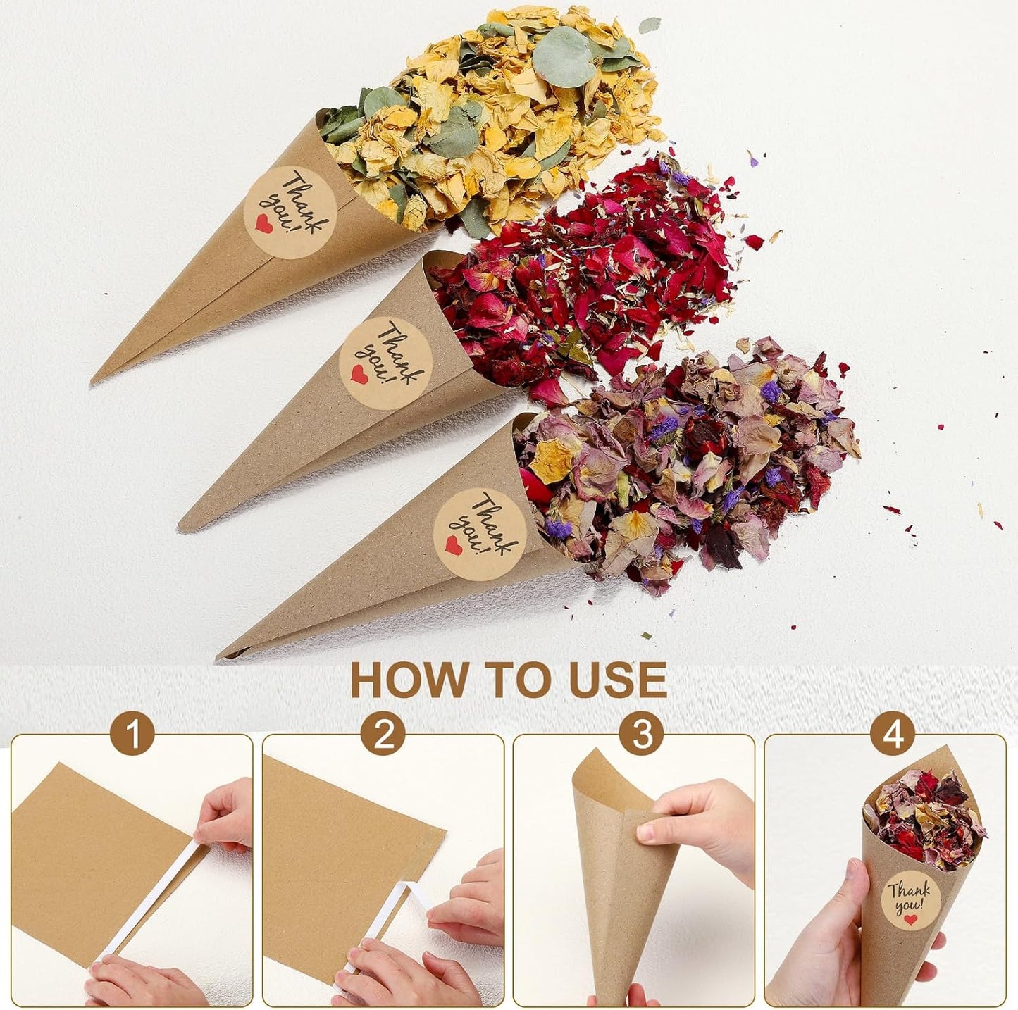 PATIKIL Dried Flower Confetti Cones, 30Pcs Paper Tapers Cone Holder with Dried Rose Petals / Sticker for Wedding Party Engagement Birthday DIY Decoration, Purple