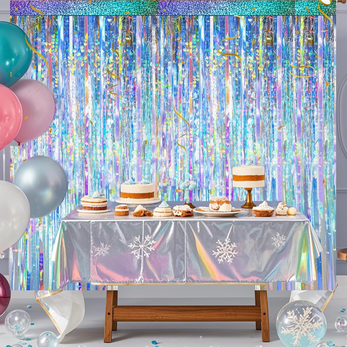 2 Packs Iridescent Foil Fringe Curtain, Neon Transparent Holographic Tinsel Backdrop for Birthday, Wedding, Baby Shower, Mermaid, Euphoria, Iridescent Party Decorations Supplies
