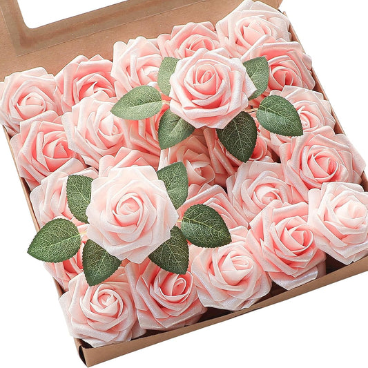 Floroom Artificial Flowers 25pcs Real Looking Shimmer Blush and Peach Foam Fake Roses with Stems for DIY Wedding Bouquets Bridal Shower Centerpieces Floral Arrangements Party Tables Home Decorations