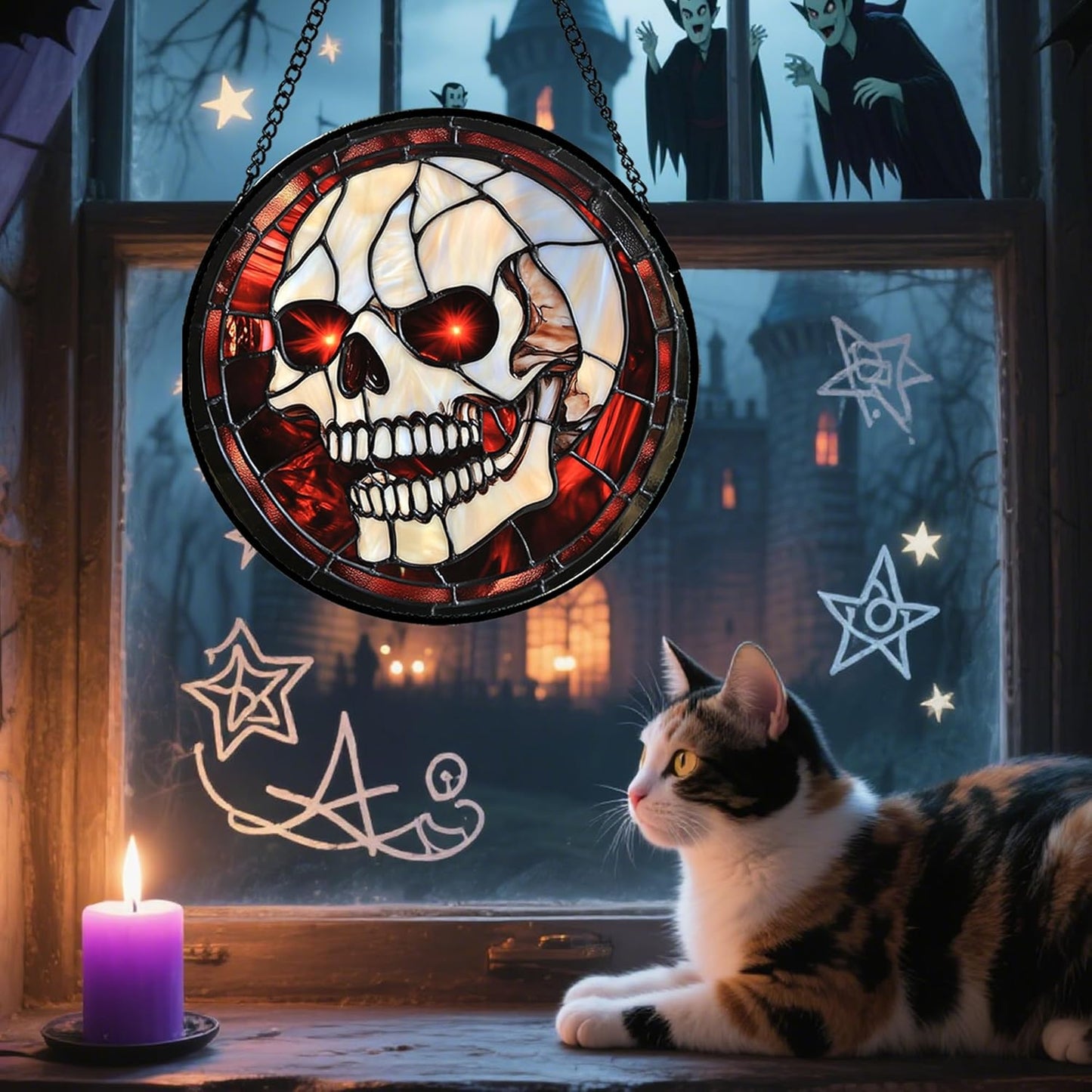 Stained Glass Window Hanging - Halloween Decorations White Skeleton Suncatcher for Doors Garden Indoor Spooky Funny Red Sun Catchers Gothic Decor Horror Gifts for Women Men Friend 7.8 in