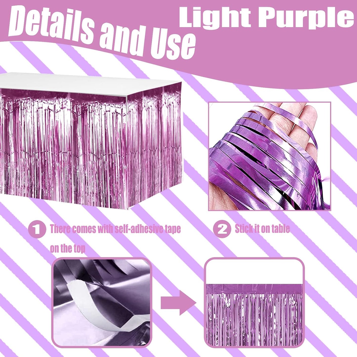 4 Pack 29x108 Inch Metallic Foil Fringe Tinsel Table Skirts for Rectangle Tables Streamer Backdrop for Wedding, Birthday, Parade Floats, Christmas, Halloween Party Decoration(New Light Purple)