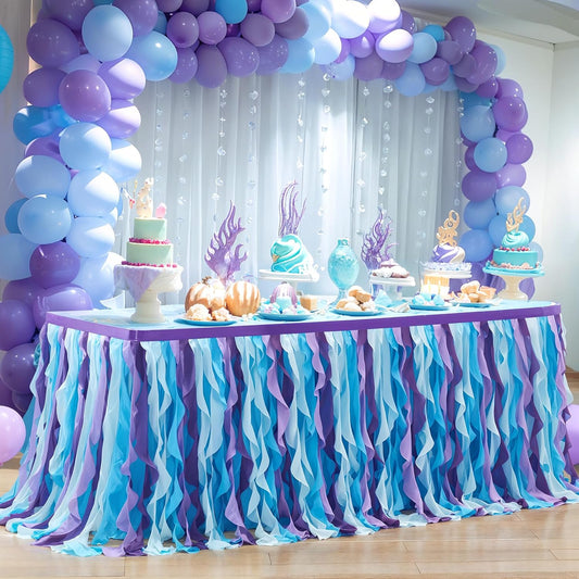 PARTISKY Mermaid Tulle Tutu Ruffle Curly Willow Table Skirt for Rectangle Table 9ft, Mermaid Themed Party Table Cloth for Girls Birthday Party or Baby Shower